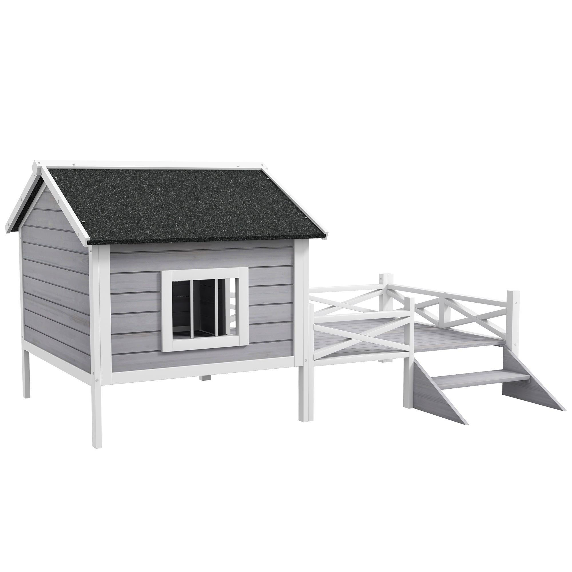 PawHut Outdoor Dog House with Porch, Wooden Dog Kennel with Water-resistant Asphalt Roof, Ladders, Fencing, Window, for Small and Medium Dog, Gray