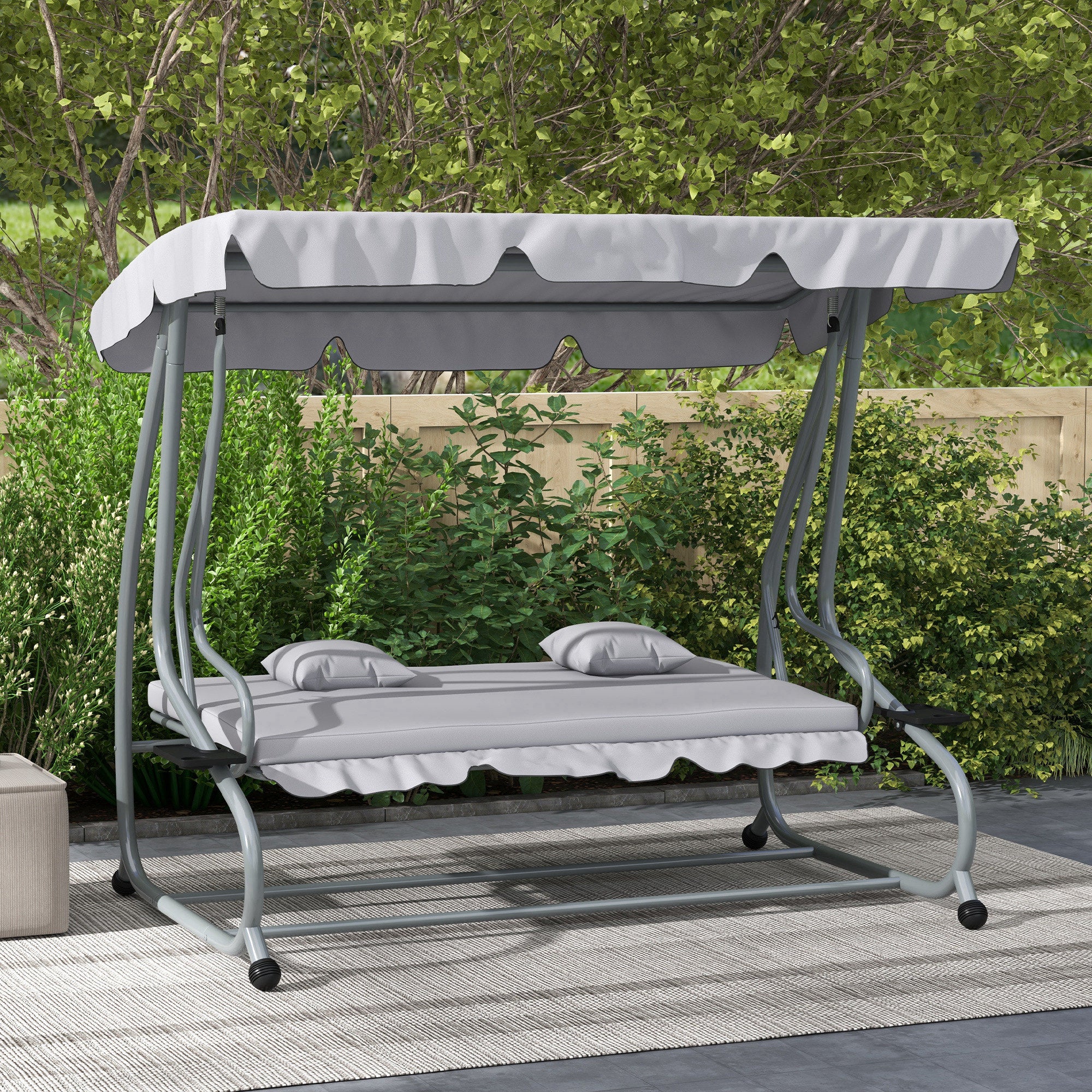Outsunny 3-Seater Patio Swing Chair, Convertible Cushioned Porch Swing Bed, Outdoor Swing Seat with Adjustable Canopy and Two Pillows, for Porch, Garden, Poolside, Light Grey