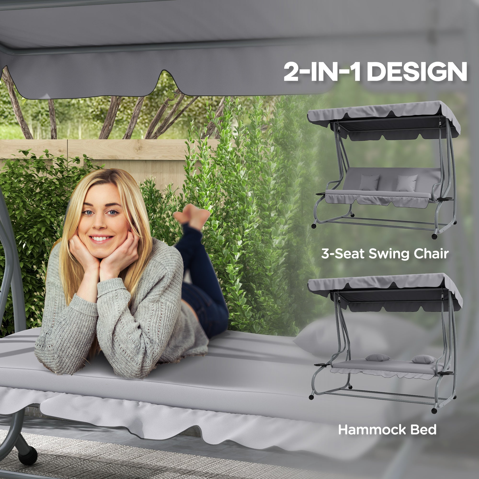 Outsunny 3-Seater Patio Swing Chair, Convertible Cushioned Porch Swing Bed, Outdoor Swing Seat with Adjustable Canopy and Two Pillows, for Porch, Garden, Poolside, Light Grey