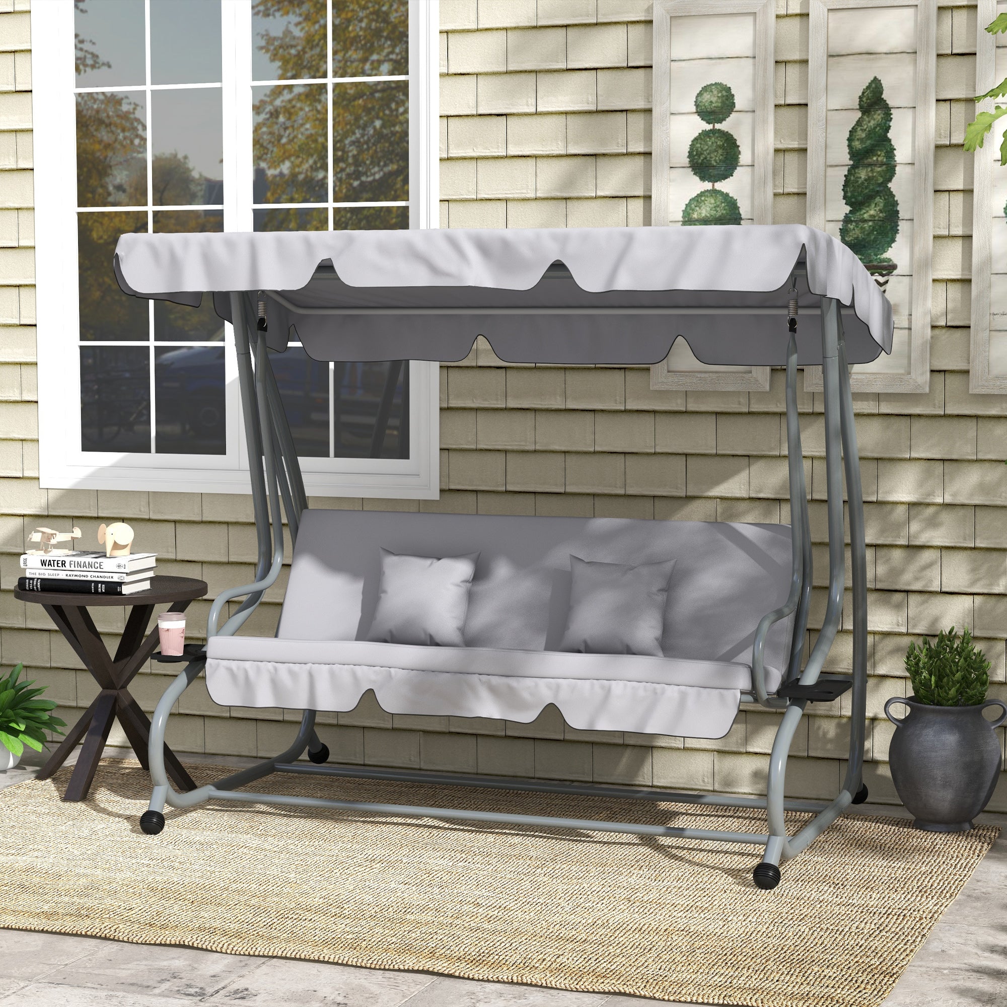 Outsunny 3-Seater Patio Swing Chair, Convertible Cushioned Porch Swing Bed, Outdoor Swing Seat with Adjustable Canopy and Two Pillows, for Porch, Garden, Poolside, Light Grey