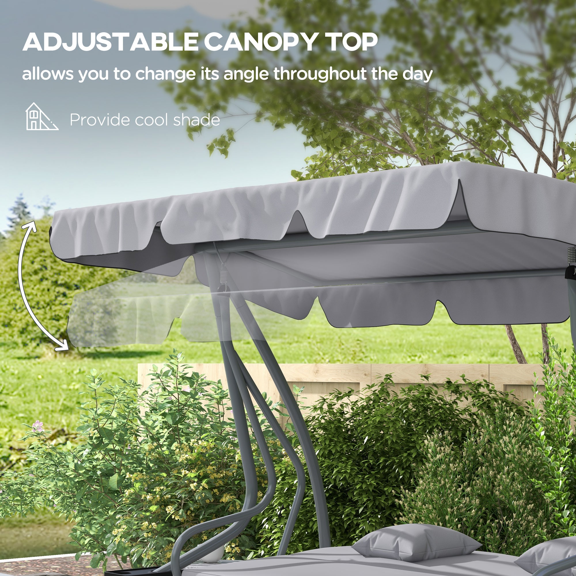 Outsunny 3-Seater Patio Swing Chair, Convertible Cushioned Porch Swing Bed, Outdoor Swing Seat with Adjustable Canopy and Two Pillows, for Porch, Garden, Poolside, Light Grey