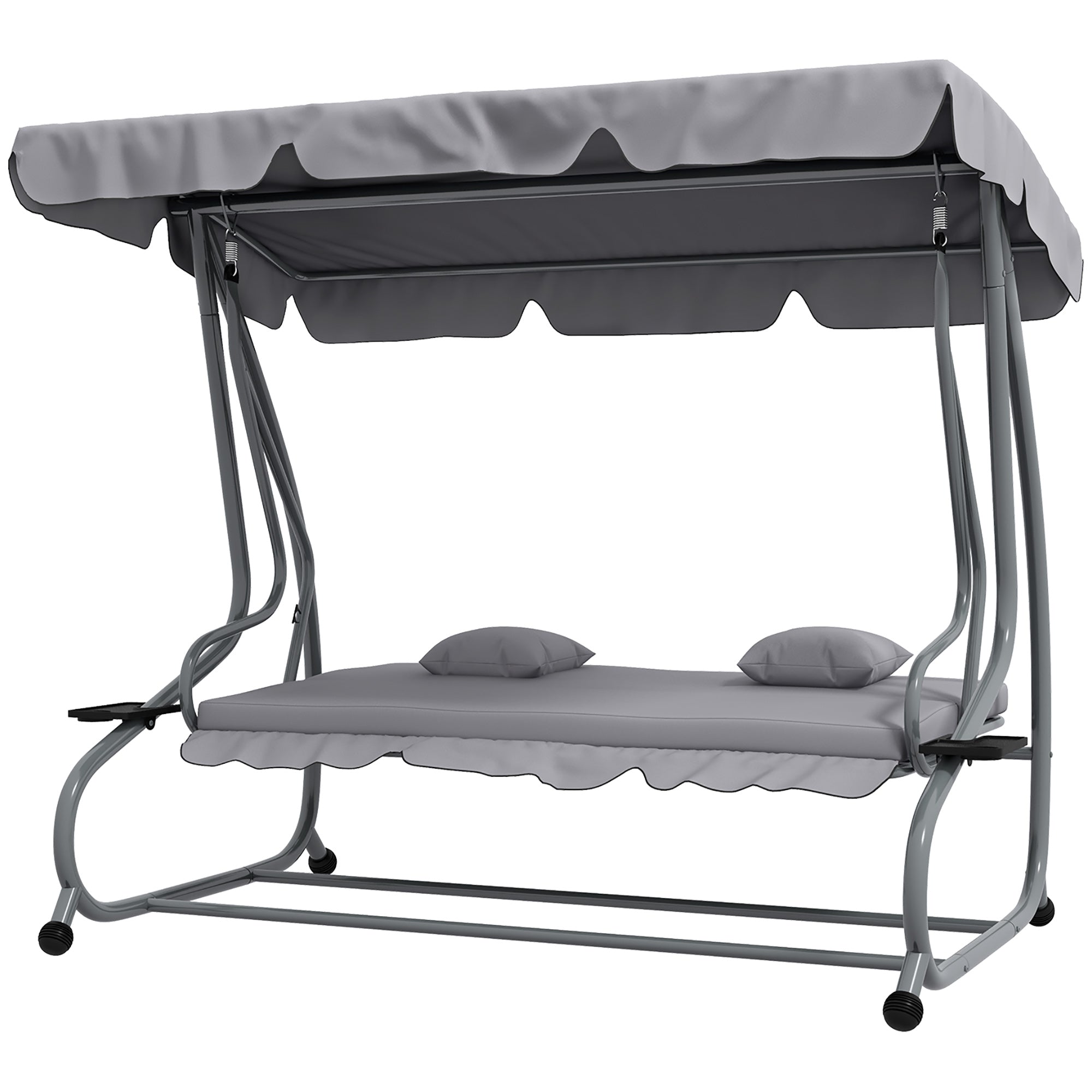 Outsunny 3-Seater Patio Swing Chair, Convertible Cushioned Porch Swing Bed, Outdoor Swing Seat with Adjustable Canopy and Two Pillows, for Porch, Garden, Poolside, Light Grey