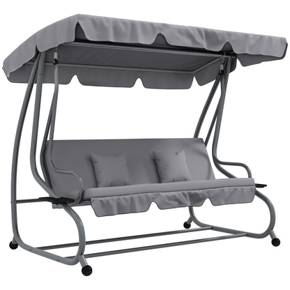 Outsunny 3-Seater Patio Swing Chair, Convertible Cushioned Porch Swing Bed, Outdoor Swing Seat with Adjustable Canopy and Two Pillows, for Porch, Garden, Poolside, Light Grey