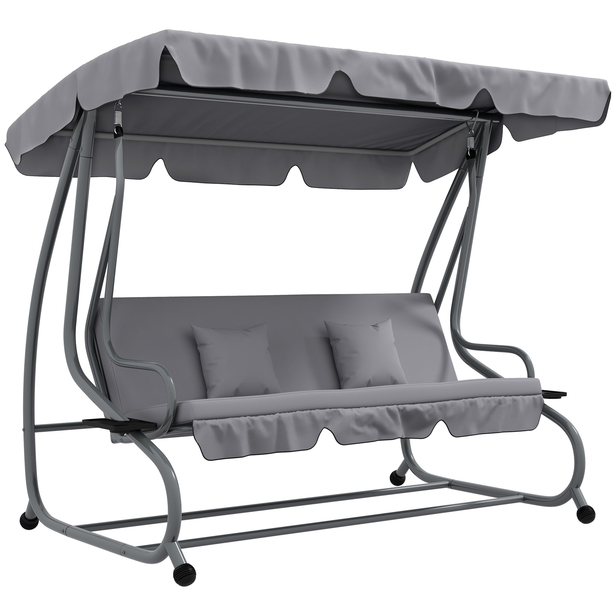 Outsunny 3-Seater Patio Swing Chair, Convertible Cushioned Porch Swing Bed, Outdoor Swing Seat with Adjustable Canopy and Two Pillows, for Porch, Garden, Poolside, Light Grey