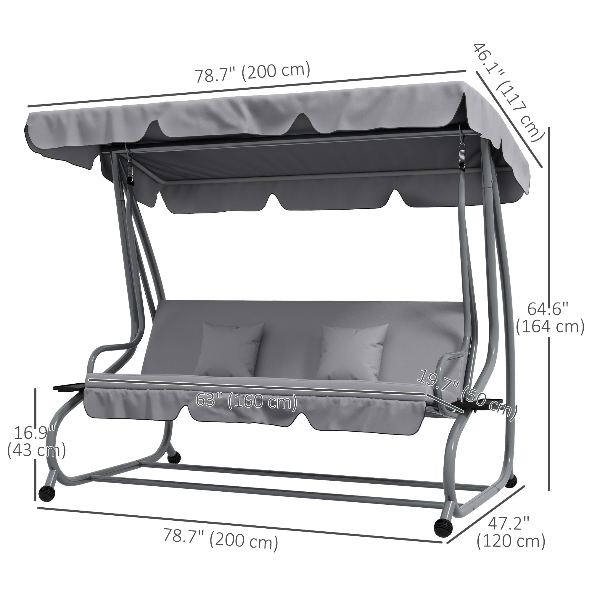 Outsunny 3-Seater Patio Swing Chair, Convertible Cushioned Porch Swing Bed, Outdoor Swing Seat with Adjustable Canopy and Two Pillows, for Porch, Garden, Poolside, Light Grey