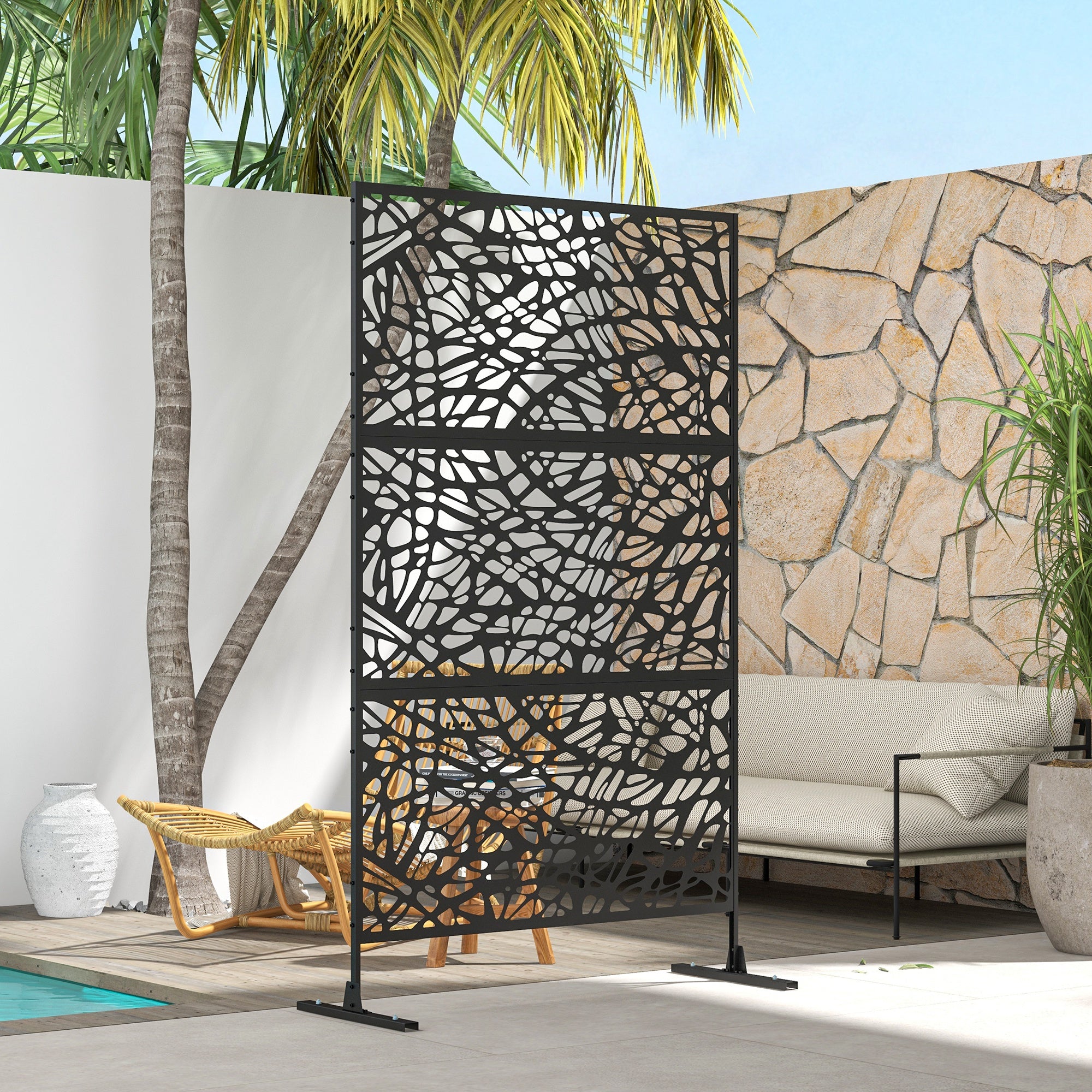 Outsunny Metal Outdoor Privacy Screen, Decorative Outdoor Divider with Stand and Expansion Screws, Freestanding Privacy Panel for Garden, Backyard, Deck, Pool, Twisted Line Style