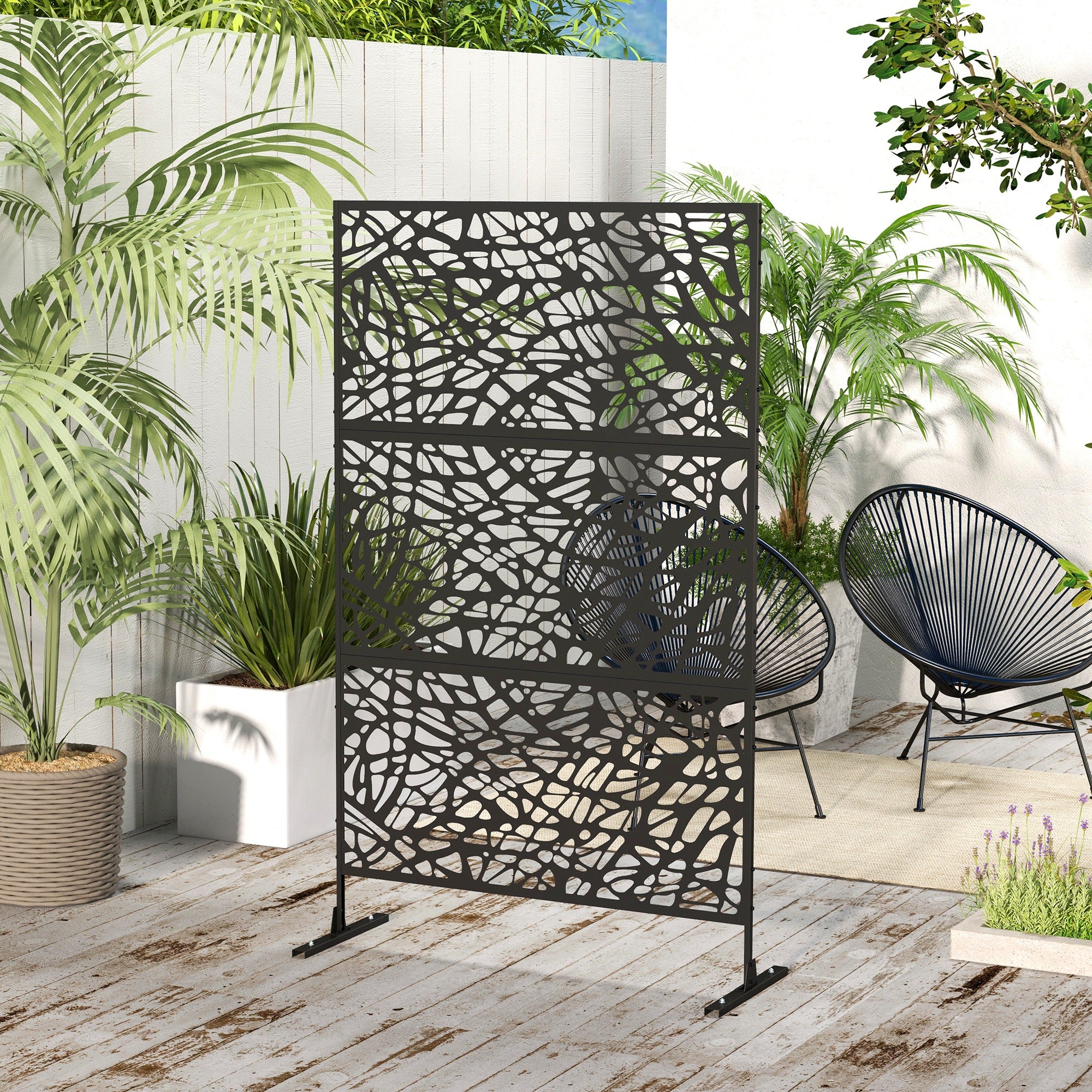 Outsunny Metal Outdoor Privacy Screen, Decorative Outdoor Divider with Stand and Expansion Screws, Freestanding Privacy Panel for Garden, Backyard, Deck, Pool, Twisted Line Style