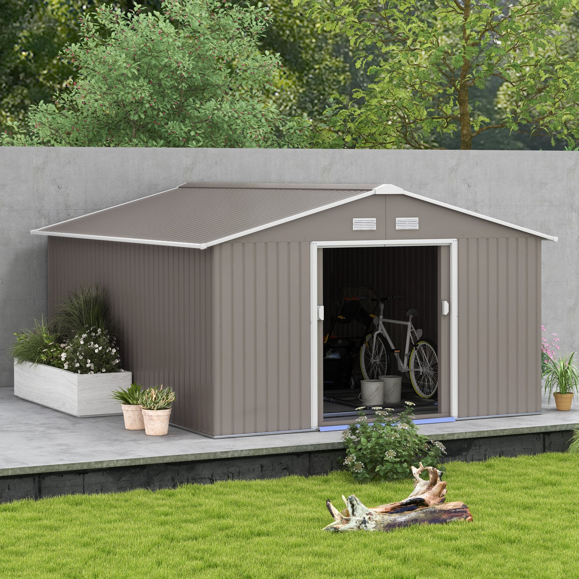 Outsunny 11' x 13' Garden Storage Shed with Foundation Kit, Metal Tool Storage House with Double Doors for Outdoor Patio Yard, Light Grey