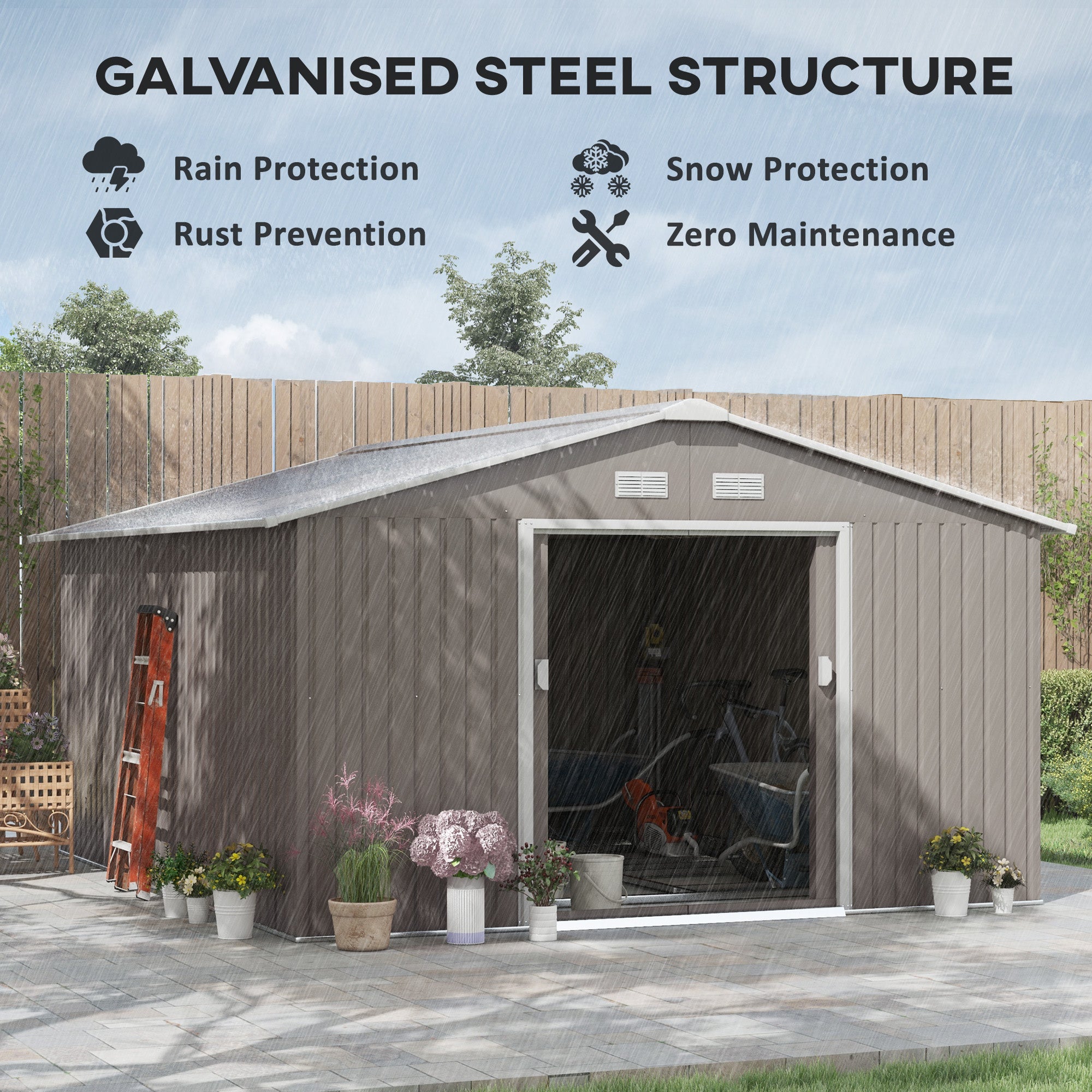 Outsunny 11' x 13' Garden Storage Shed with Foundation Kit, Metal Tool Storage House with Double Doors for Outdoor Patio Yard, Light Grey