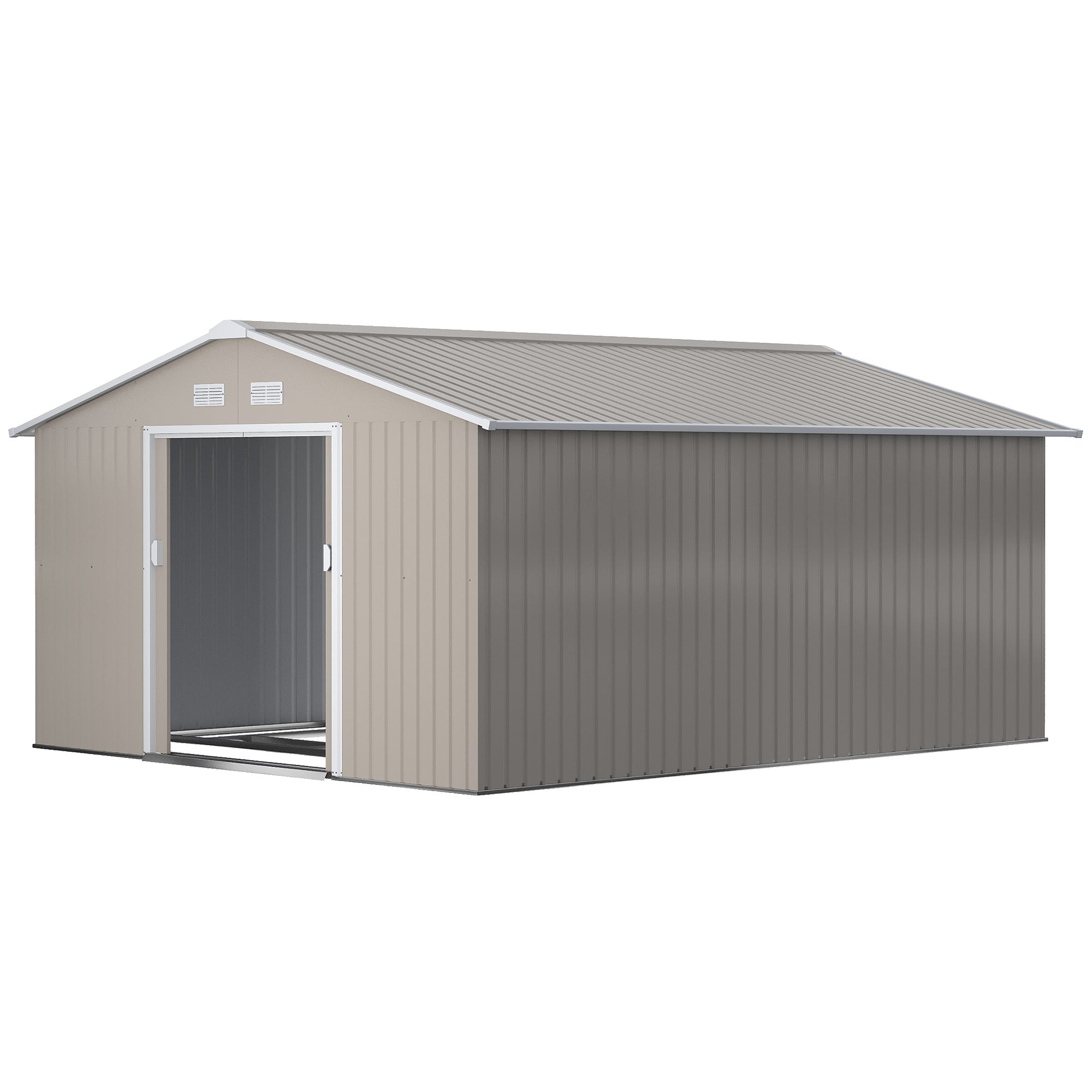 Outsunny 11' x 13' Garden Storage Shed with Foundation Kit, Metal Tool Storage House with Double Doors for Outdoor Patio Yard, Light Grey