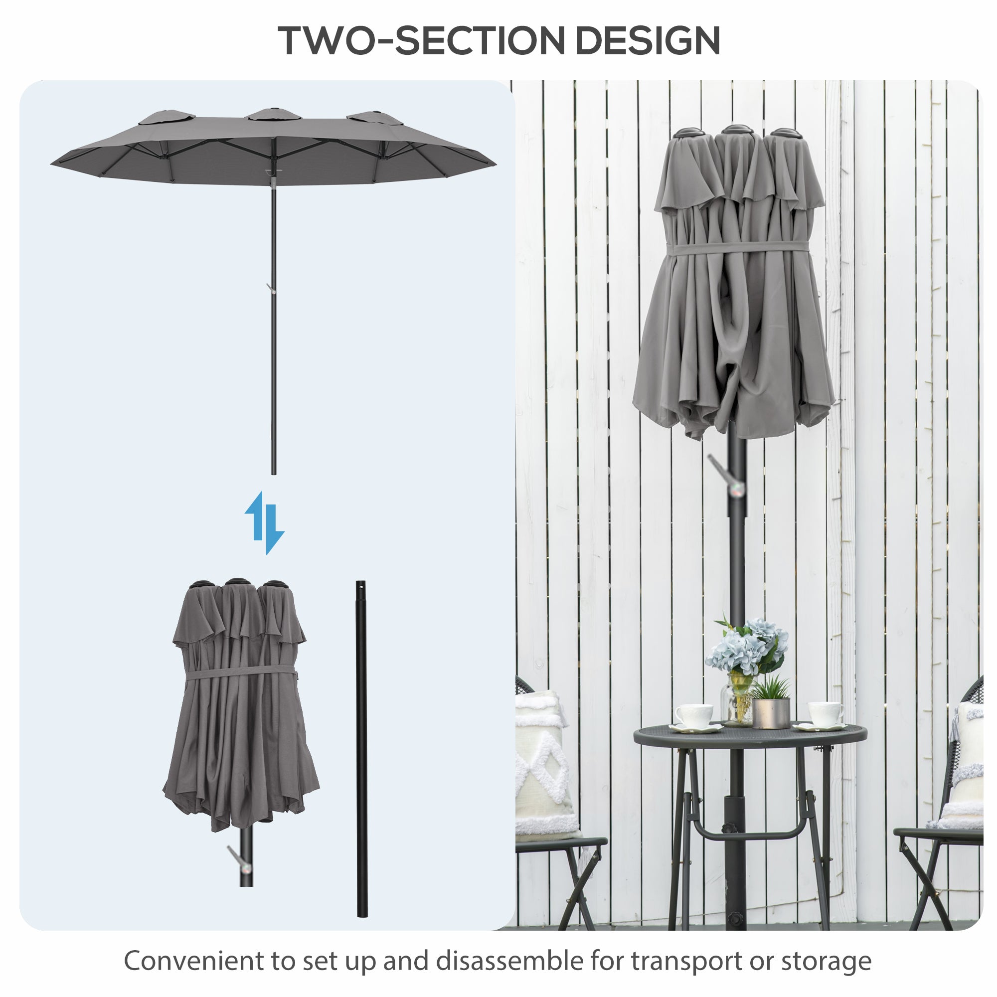 Outsunny Double Sided Patio Umbrella, 9.5' Large Outdoor Market Umbrella with Push Button Tilt and Crank, 3 Air Vents and 12 Ribs, for Garden, Deck, Pool, Gray