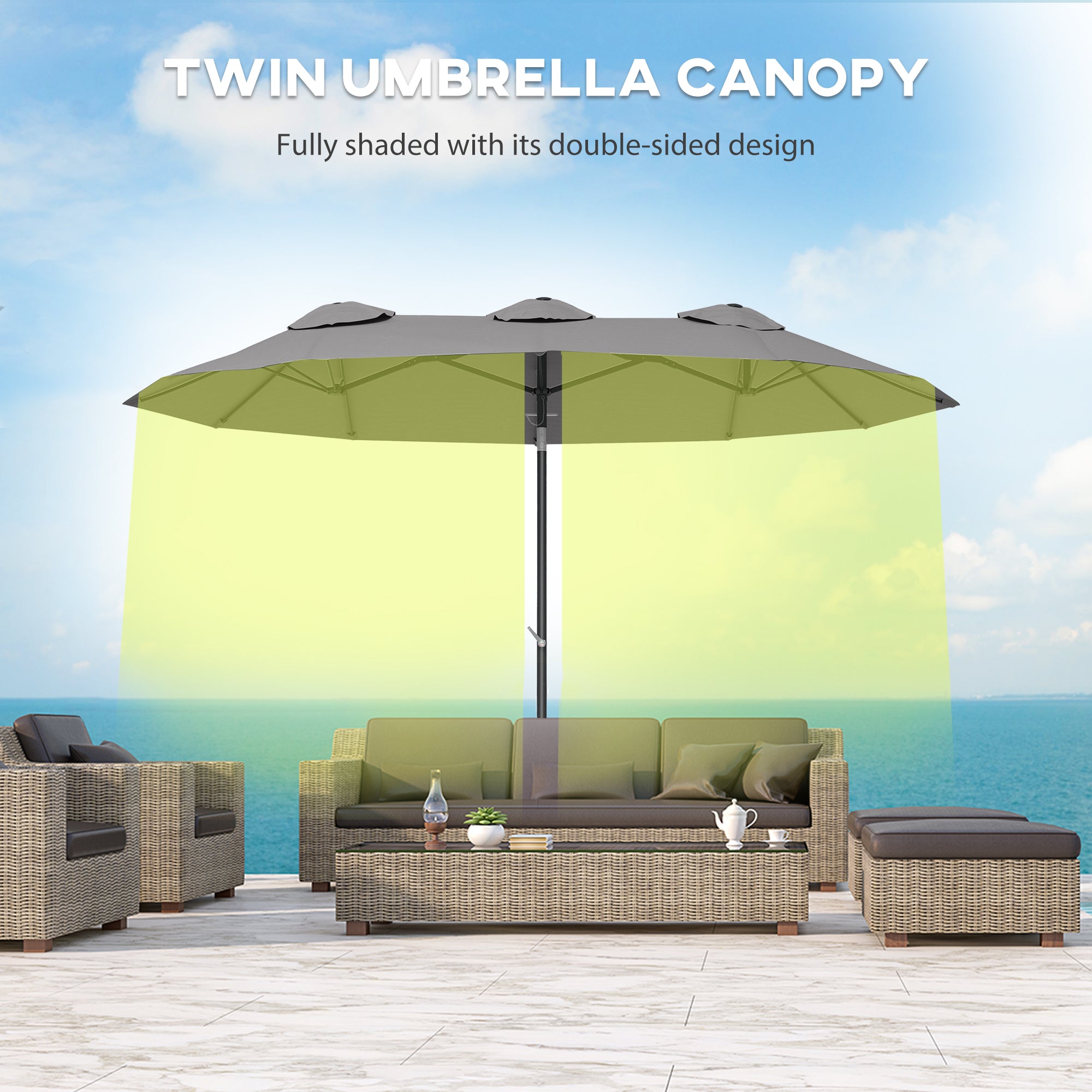 Outsunny Double Sided Patio Umbrella, 9.5' Large Outdoor Market Umbrella with Push Button Tilt and Crank, 3 Air Vents and 12 Ribs, for Garden, Deck, Pool, Gray