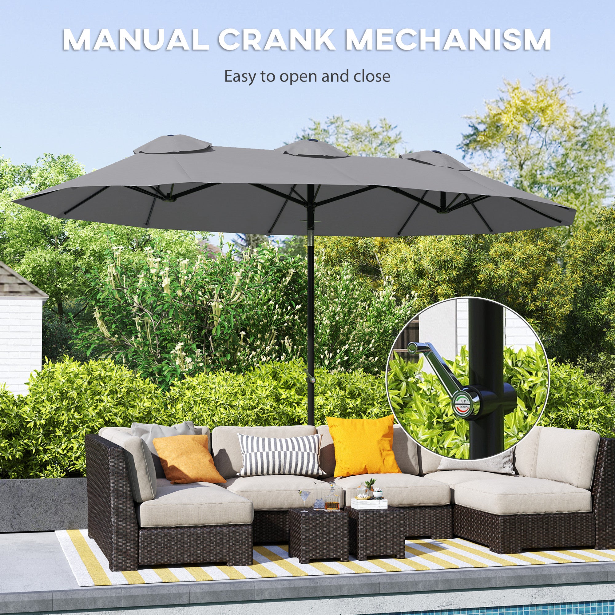 Outsunny Double Sided Patio Umbrella, 9.5' Large Outdoor Market Umbrella with Push Button Tilt and Crank, 3 Air Vents and 12 Ribs, for Garden, Deck, Pool, Gray
