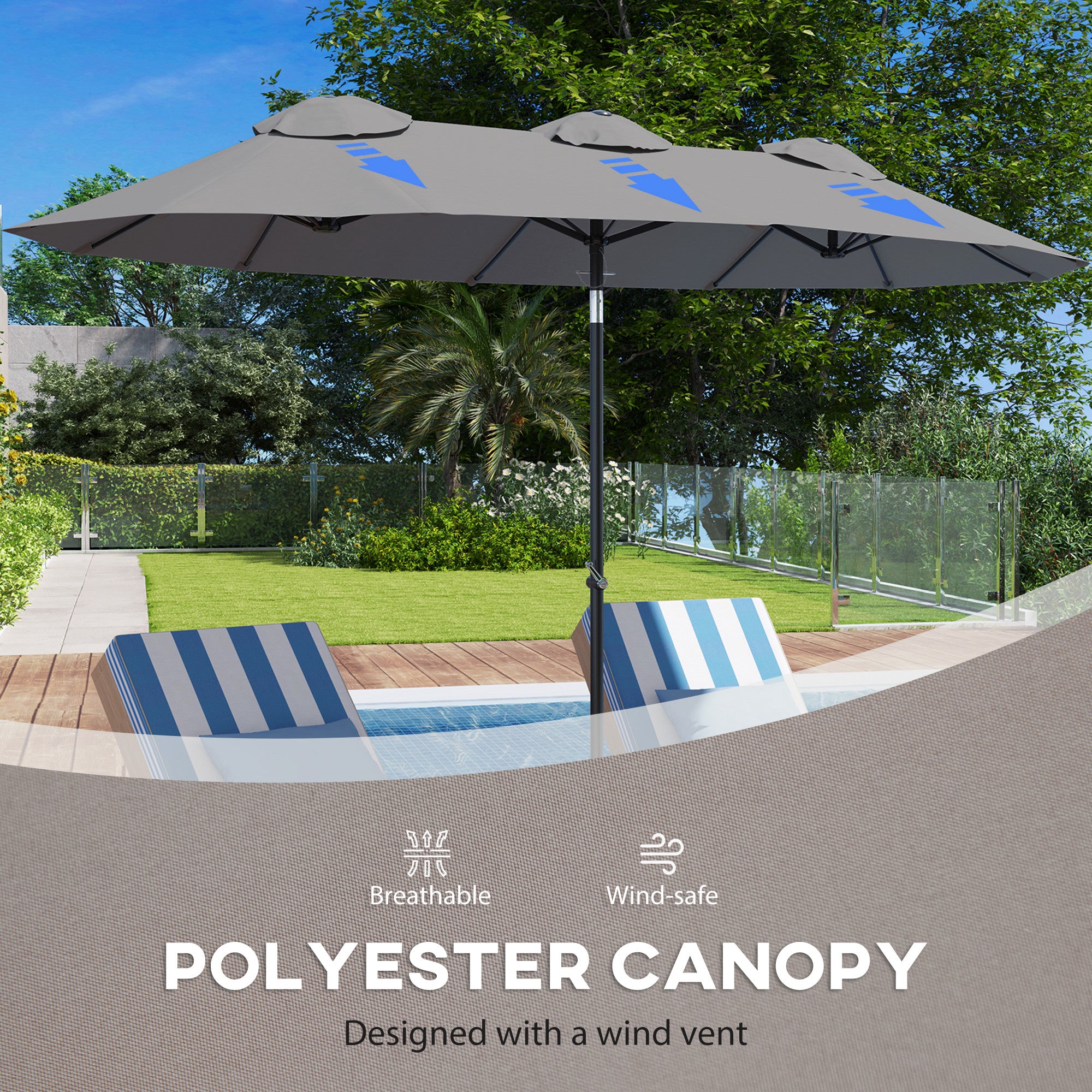 Outsunny Double Sided Patio Umbrella, 9.5' Large Outdoor Market Umbrella with Push Button Tilt and Crank, 3 Air Vents and 12 Ribs, for Garden, Deck, Pool, Gray