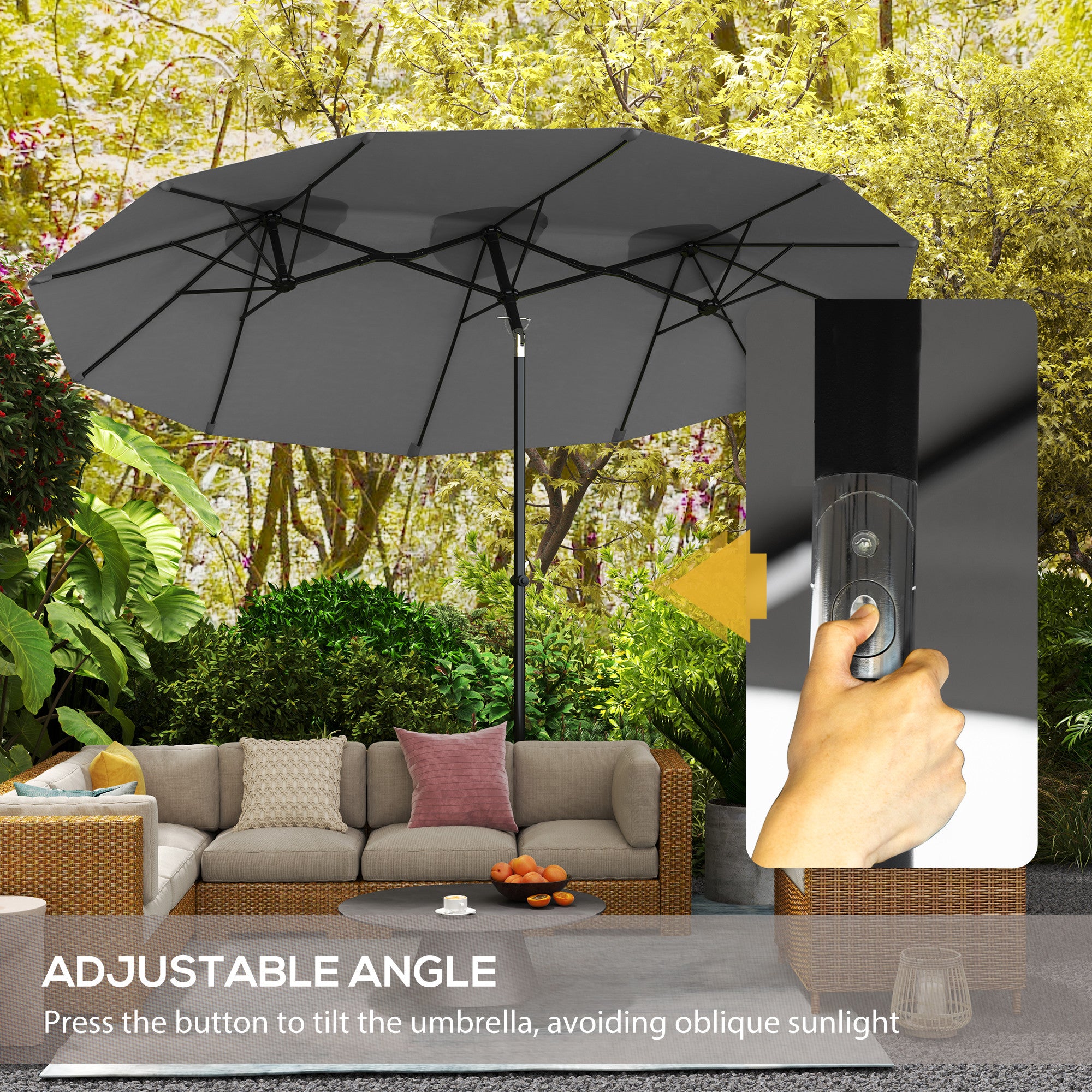 Outsunny Double Sided Patio Umbrella, 9.5' Large Outdoor Market Umbrella with Push Button Tilt and Crank, 3 Air Vents and 12 Ribs, for Garden, Deck, Pool, Gray