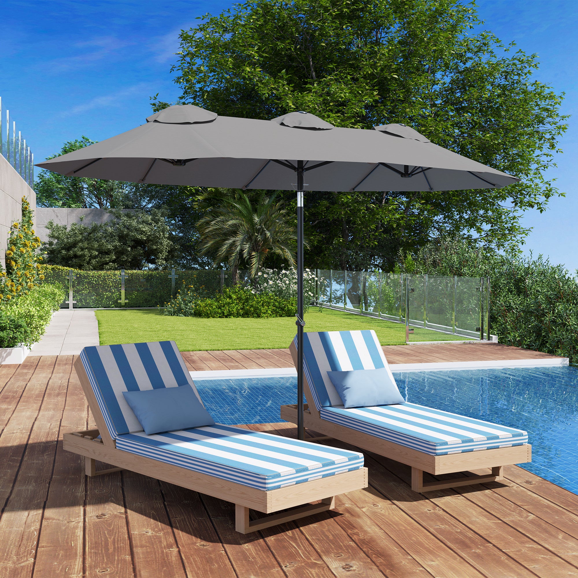 Outsunny Double Sided Patio Umbrella, 9.5' Large Outdoor Market Umbrella with Push Button Tilt and Crank, 3 Air Vents and 12 Ribs, for Garden, Deck, Pool, Gray
