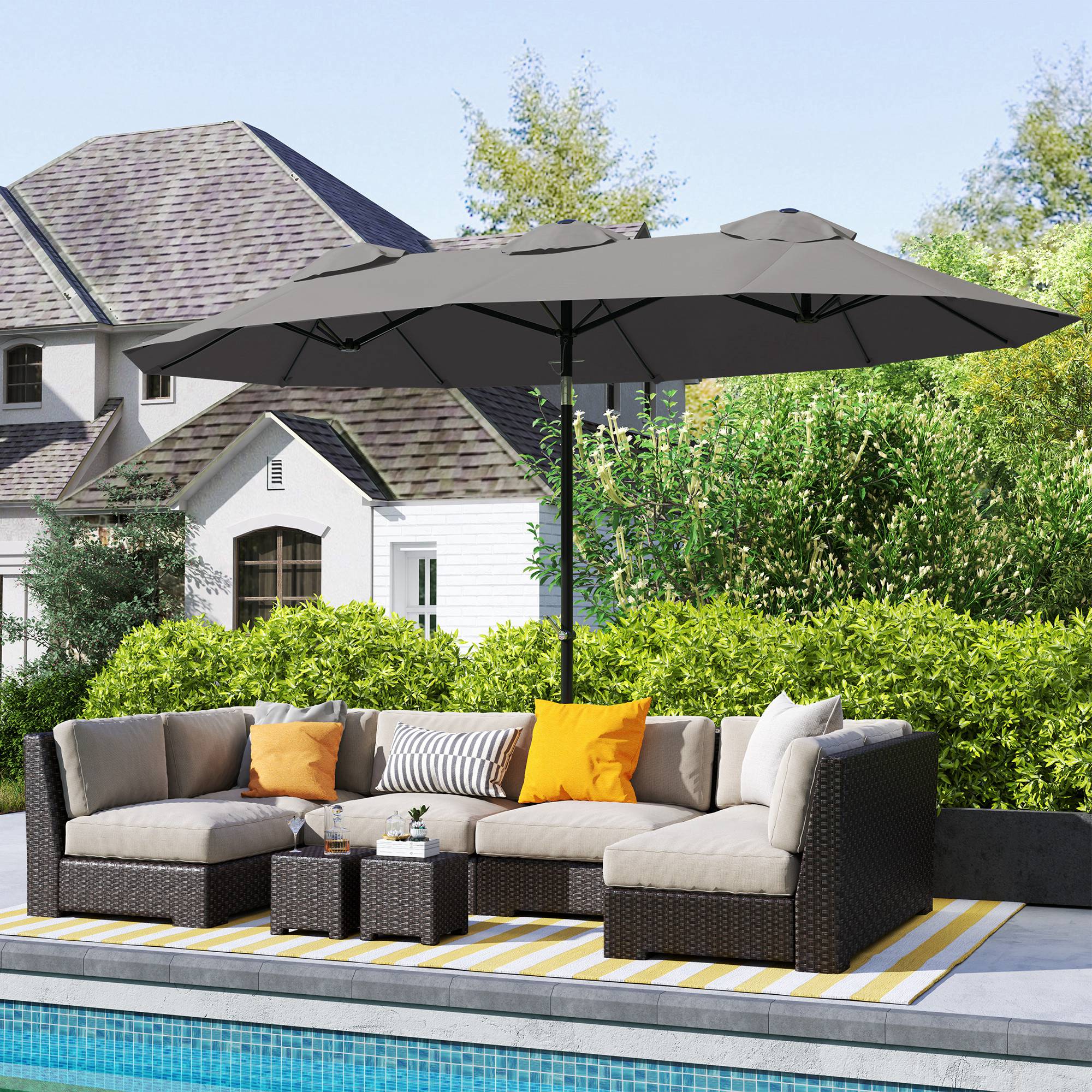 Outsunny Double Sided Patio Umbrella, 9.5' Large Outdoor Market Umbrella with Push Button Tilt and Crank, 3 Air Vents and 12 Ribs, for Garden, Deck, Pool, Gray
