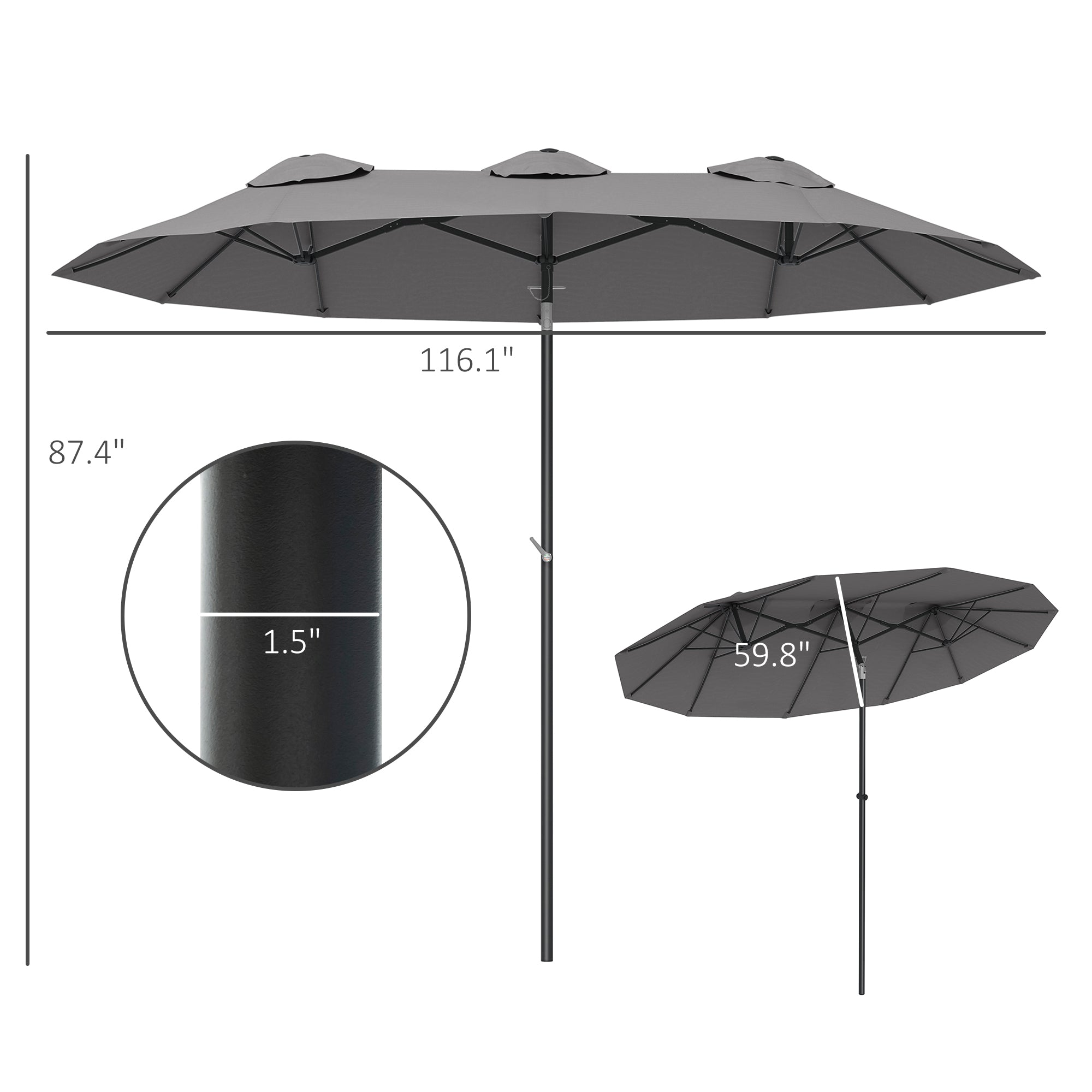 Outsunny Double Sided Patio Umbrella, 9.5' Large Outdoor Market Umbrella with Push Button Tilt and Crank, 3 Air Vents and 12 Ribs, for Garden, Deck, Pool, Gray
