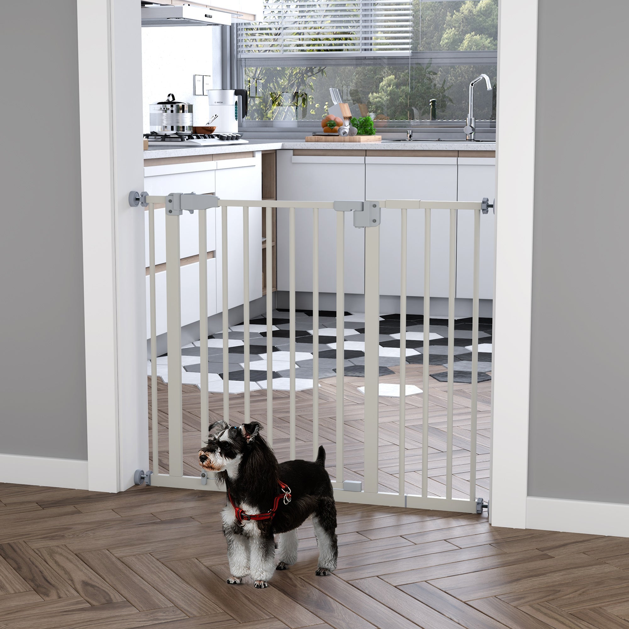 PawHut 30 Inch Tall Pet Gate with Door Dog Gate and Barrier Indoor for Stairs Includes 7", Extensions Kit, Pressure-Mounted Safety Gate, White