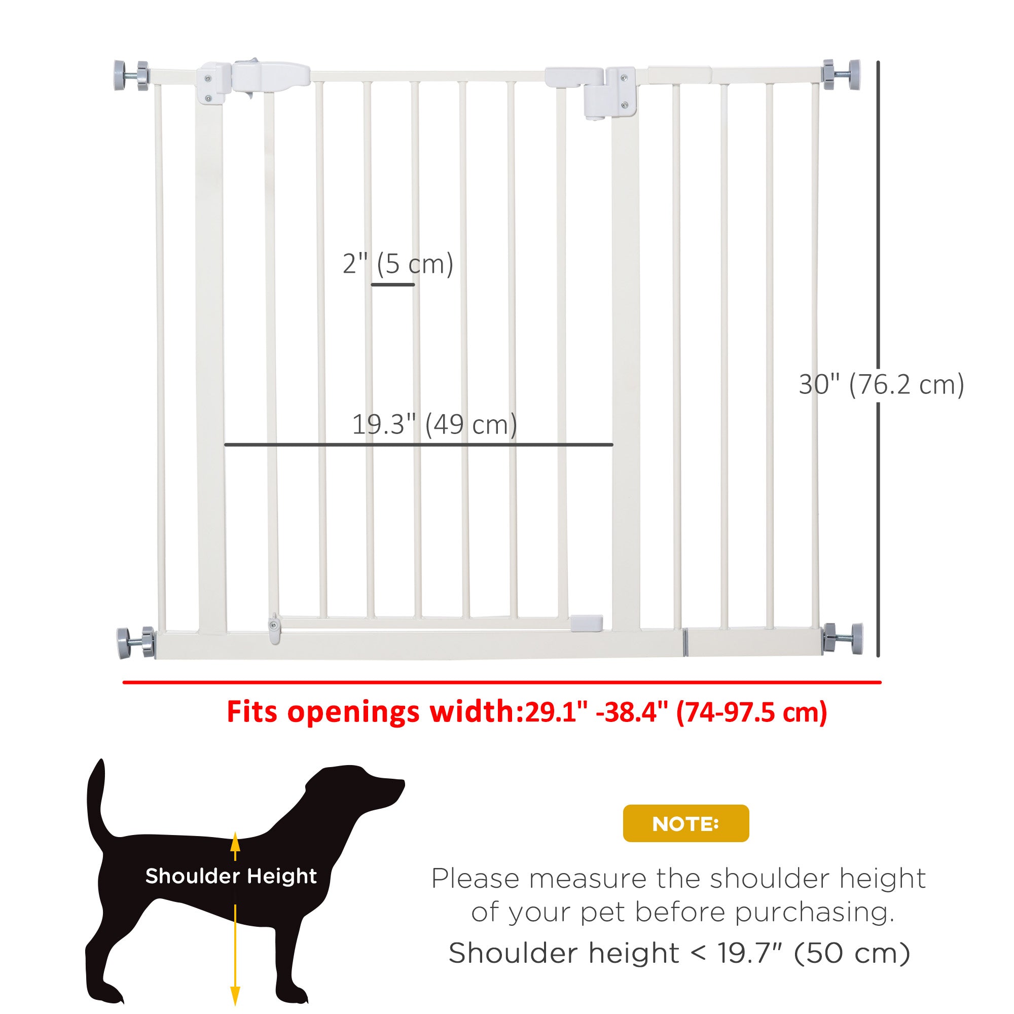 PawHut 30 Inch Tall Pet Gate with Door Dog Gate and Barrier Indoor for Stairs Includes 7", Extensions Kit, Pressure-Mounted Safety Gate, White