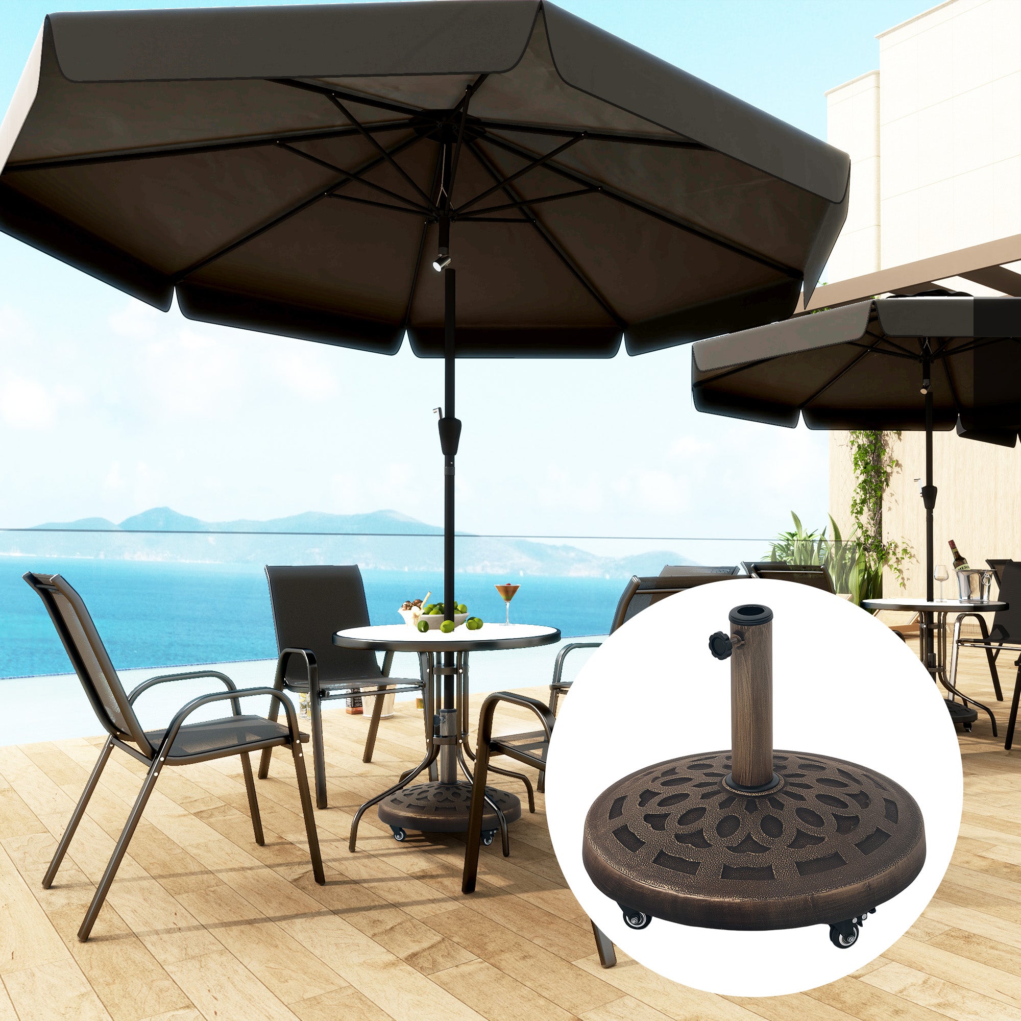 Outsunny Round Patio Umbrella Base with Wheels, 46lbs Resin Umbrella Stand Base, Heavy Duty Patio Umbrella Holder for 1.3"/1.5"/1.9" Poles for Outdoor, Lawn, Poolside, Bronze