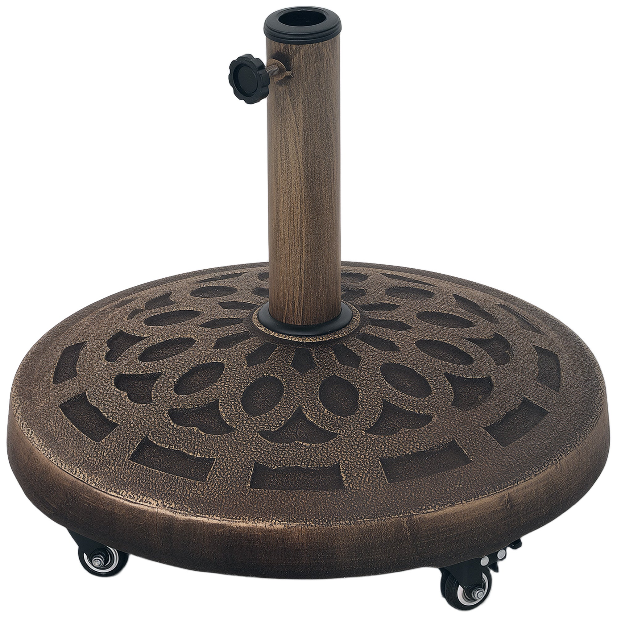 Outsunny Round Patio Umbrella Base with Wheels, 46lbs Resin Umbrella Stand Base, Heavy Duty Patio Umbrella Holder for 1.3"/1.5"/1.9" Poles for Outdoor, Lawn, Poolside, Bronze