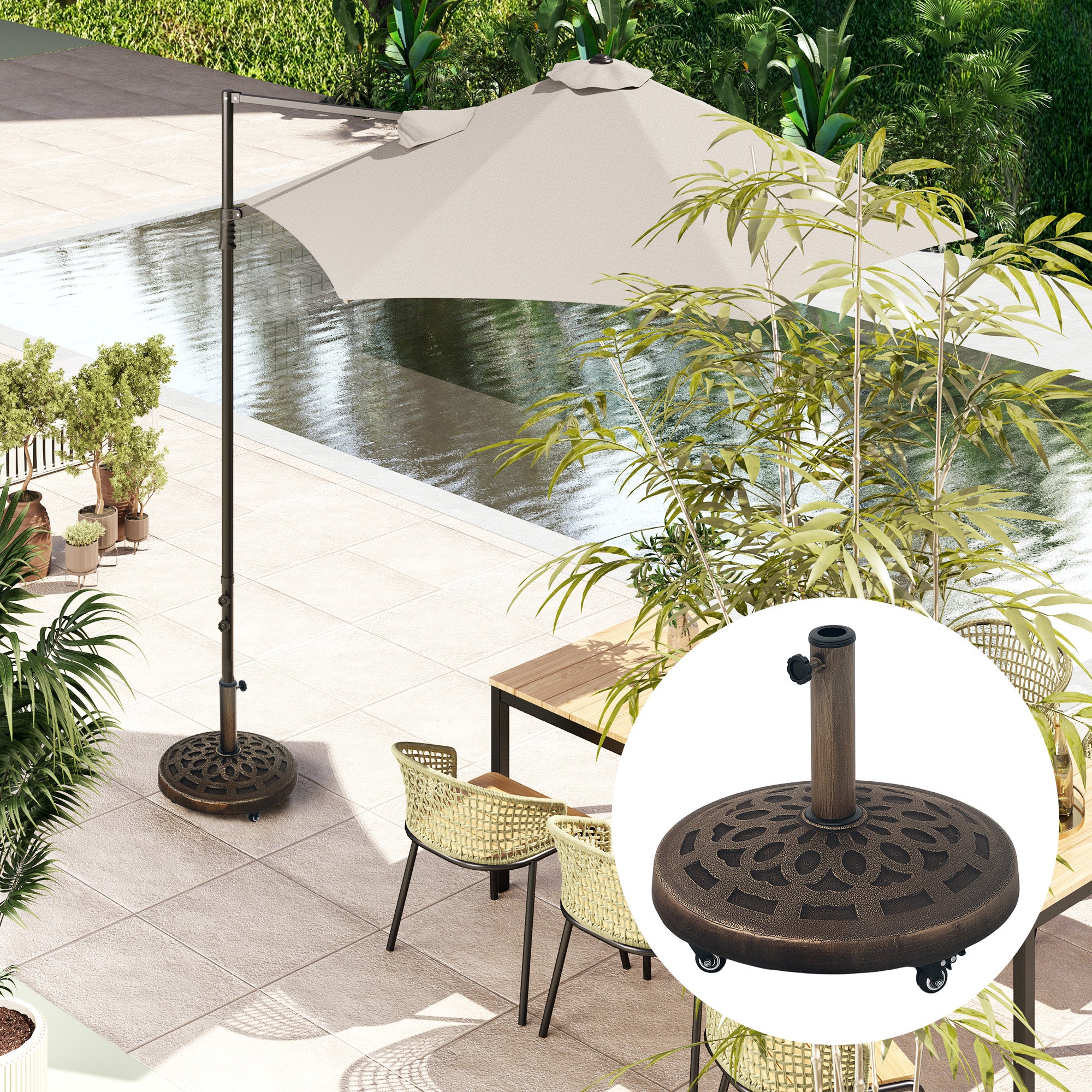 Outsunny Round Patio Umbrella Base with Wheels, 46lbs Resin Umbrella Stand Base, Heavy Duty Patio Umbrella Holder for 1.3"/1.5"/1.9" Poles for Outdoor, Lawn, Poolside, Bronze