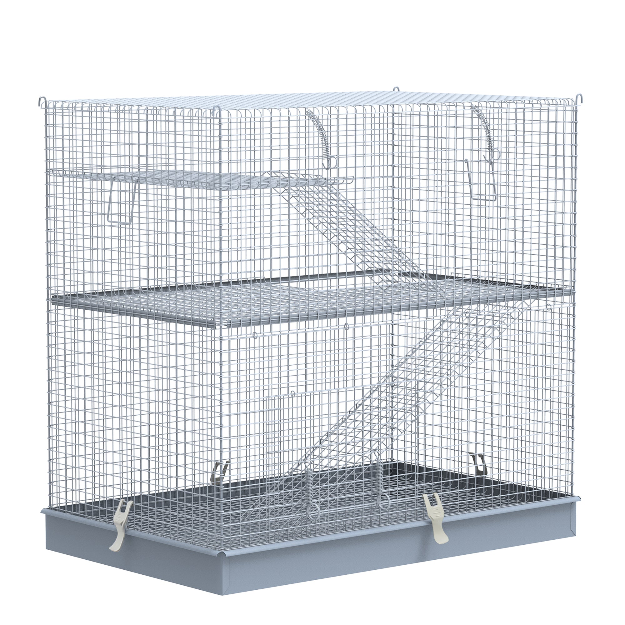 Pawhut 3-Level Metal Small Animal Cage Bunny Pet Hutch Ferret Platform Feeding Habitat Easy Clip Base Ladder Grey