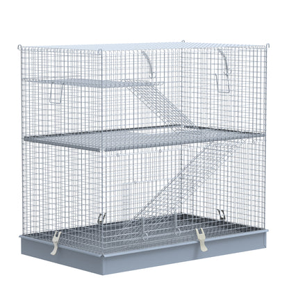 Pawhut 3-Level Metal Small Animal Cage Bunny Pet Hutch Ferret Platform Feeding Habitat Easy Clip Base Ladder Grey