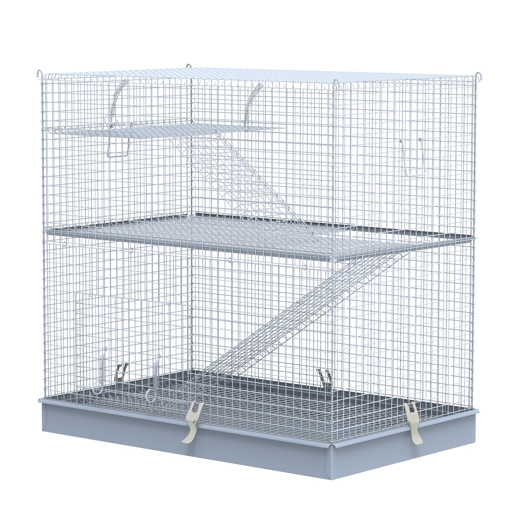 Pawhut 3-Level Metal Small Animal Cage Bunny Pet Hutch Ferret Platform Feeding Habitat Easy Clip Base Ladder Grey