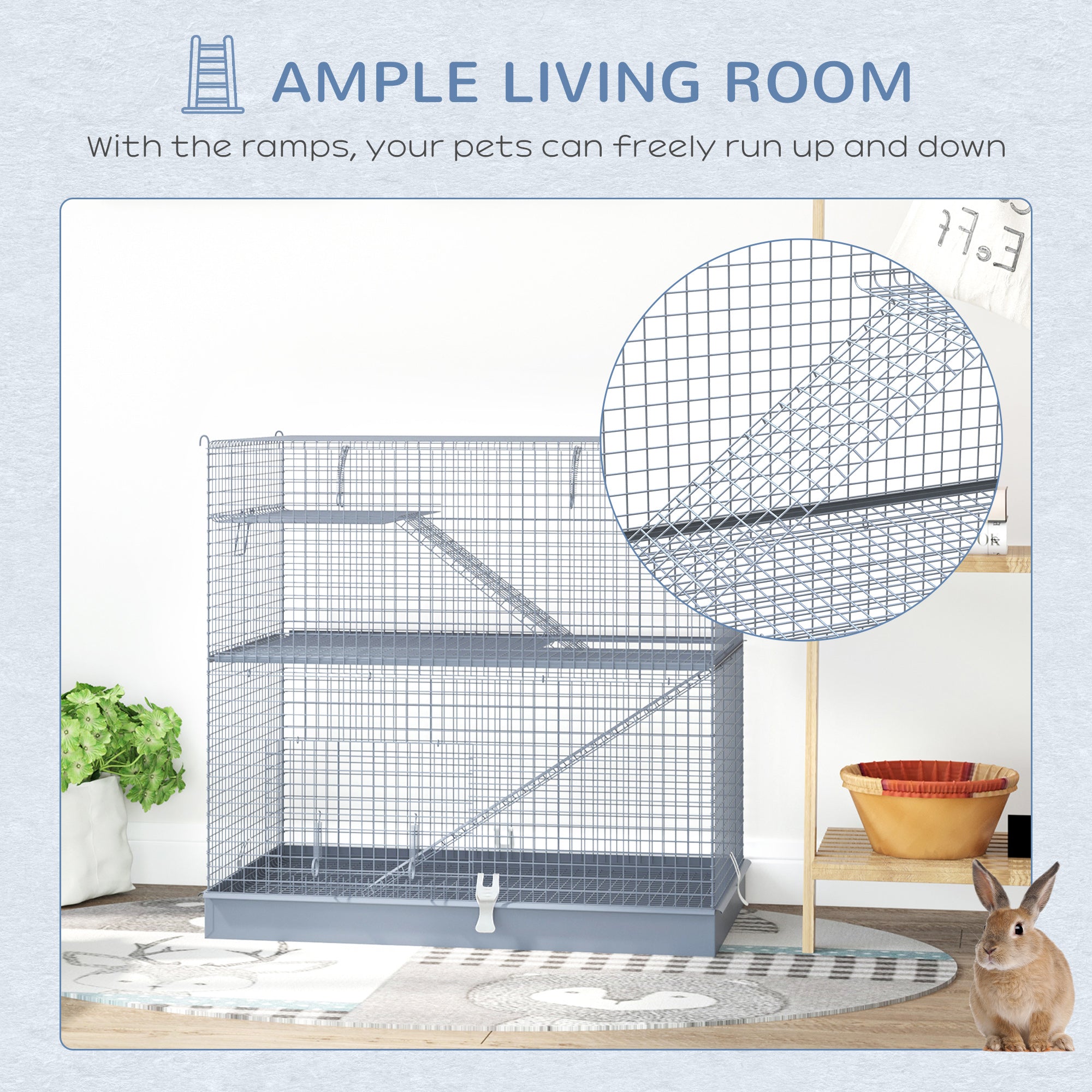 Pawhut 3-Level Metal Small Animal Cage Bunny Pet Hutch Ferret Platform Feeding Habitat Easy Clip Base Ladder Grey
