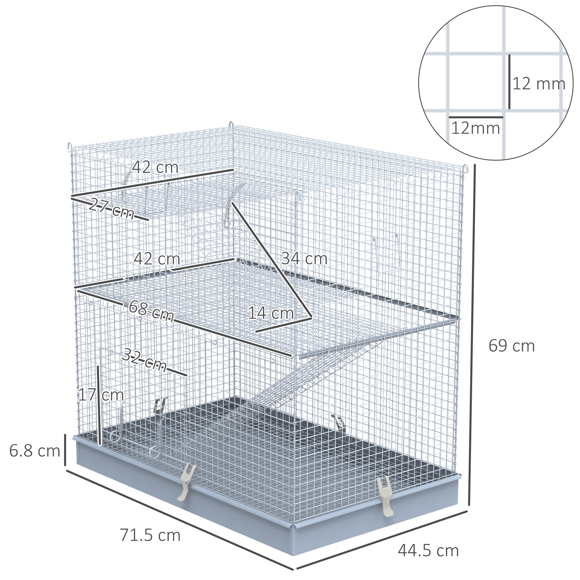 Pawhut 3-Level Metal Small Animal Cage Bunny Pet Hutch Ferret Platform Feeding Habitat Easy Clip Base Ladder Grey
