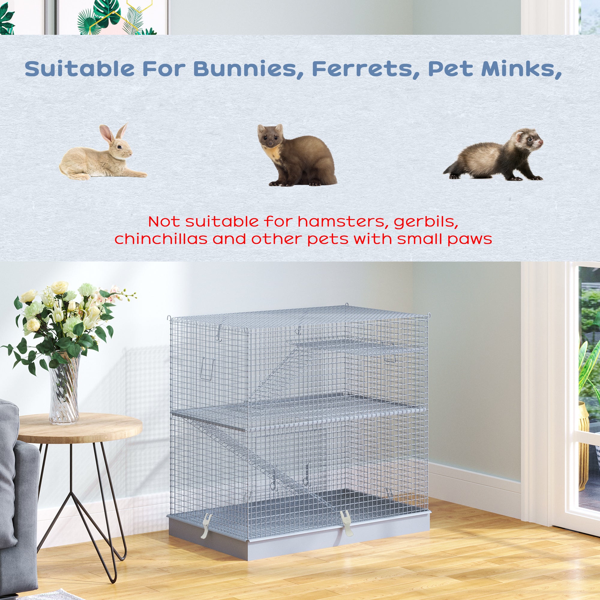 Pawhut 3-Level Metal Small Animal Cage Bunny Pet Hutch Ferret Platform Feeding Habitat Easy Clip Base Ladder Grey