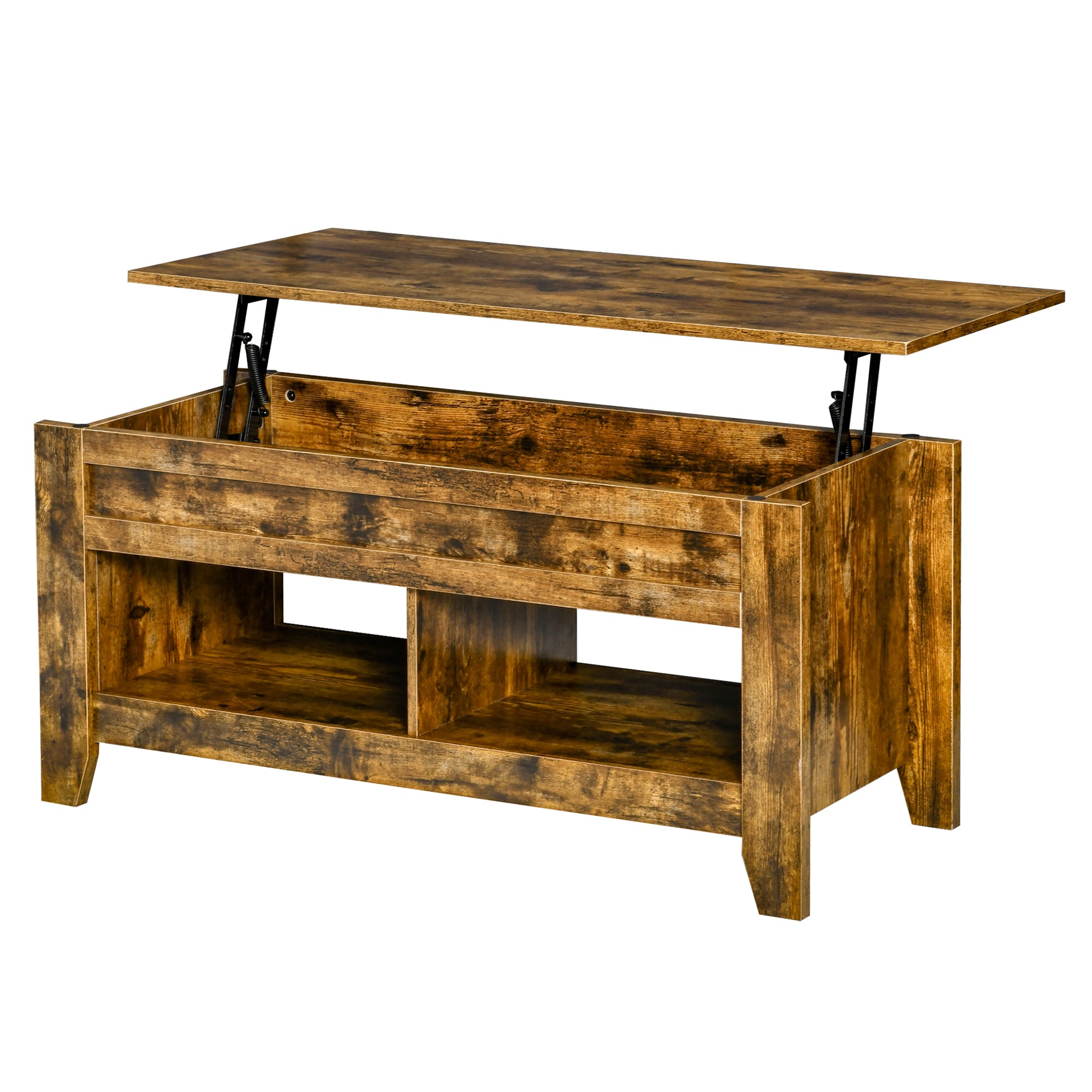 HOMCOM Lift Top Coffee Table with Hidden Storage Compartment and Open Shelves, Lift Tabletop Pop-Up Center Table for Living Room, Brown