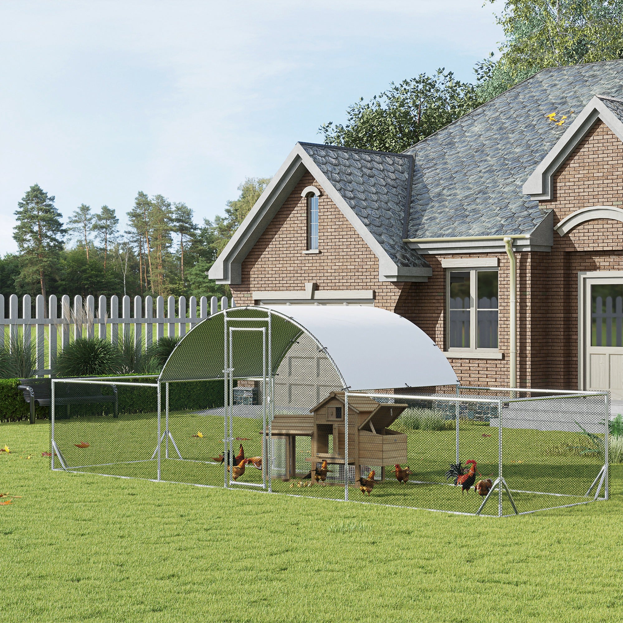PawHut Chicken Run, 23' x 6.6' Metal Chicken Coop with Waterproof and Anti-UV Cover, Dome Roof, Door, for 12-14 Chickens, Ducks, Rabbits, Sliver