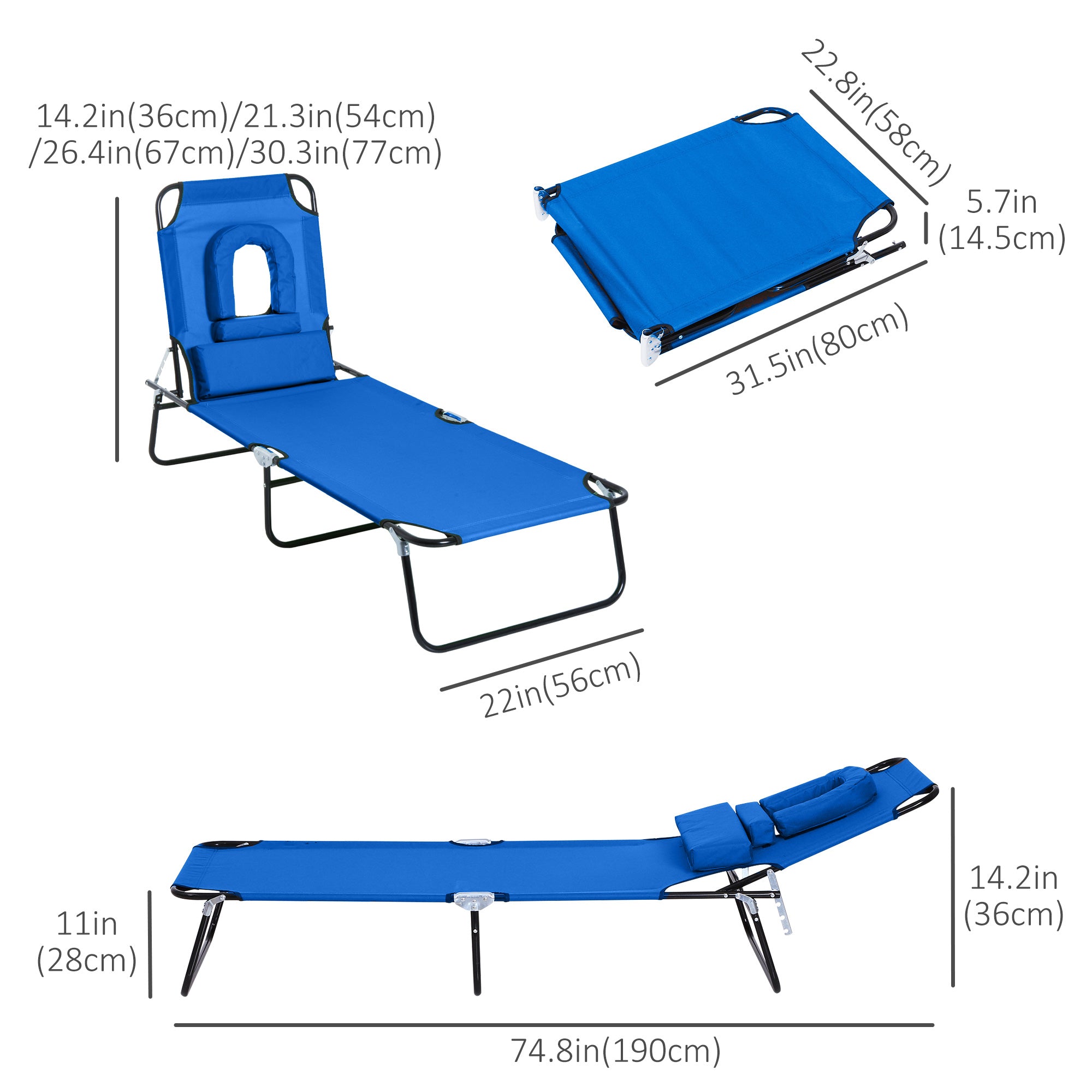 Outsunny Adjustable Garden Sun Lounger w/ Reading Hole Outdoor Reclining Seat Folding Camping Beach Lounging Bed Blue