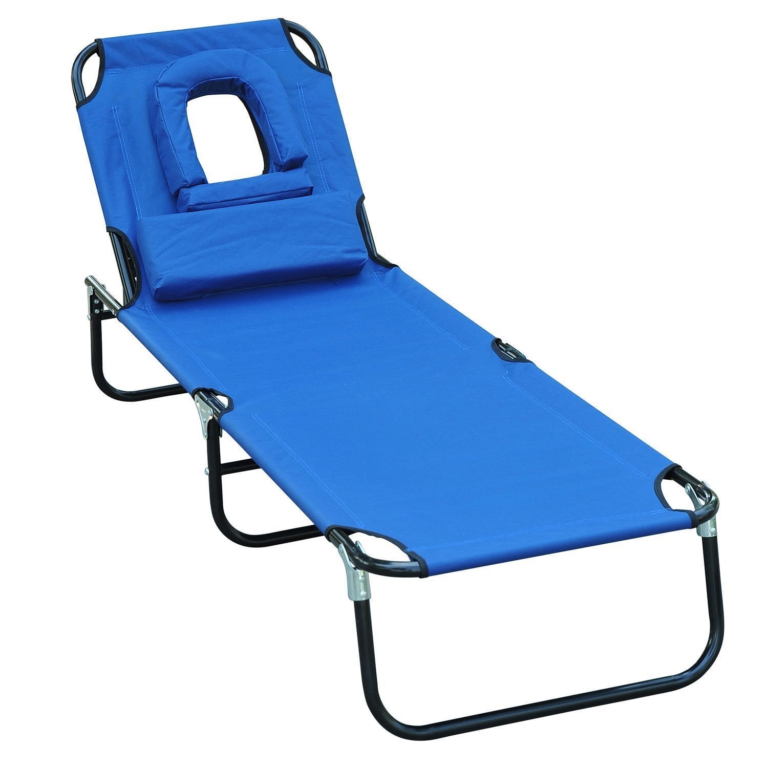 Outsunny Adjustable Garden Sun Lounger w/ Reading Hole Outdoor Reclining Seat Folding Camping Beach Lounging Bed Blue