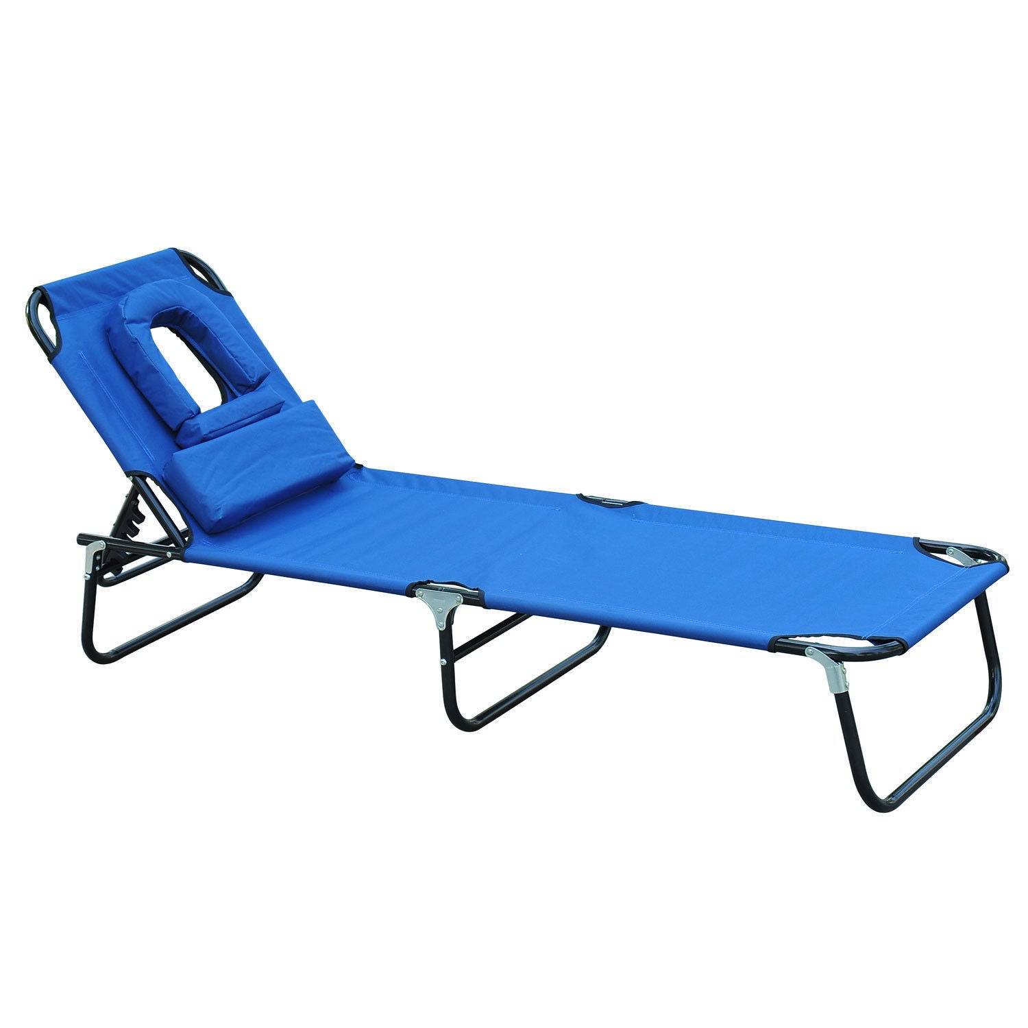 Outsunny Adjustable Garden Sun Lounger w/ Reading Hole Outdoor Reclining Seat Folding Camping Beach Lounging Bed Blue