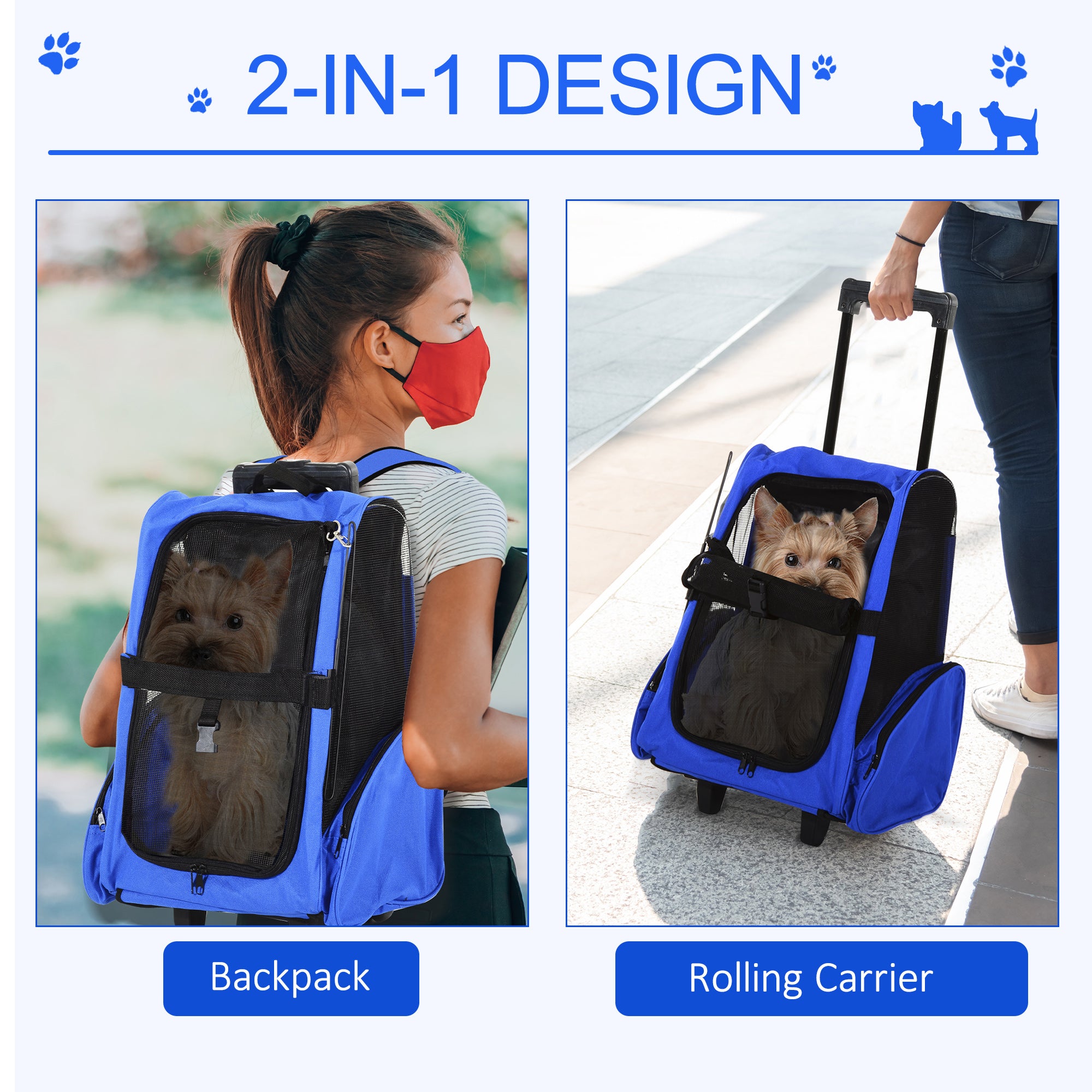 PawHut 2-IN-1 Pet Luggage Box Backpack Carrier Cats Dogs w/ Handle, Rolling Wheel Blue