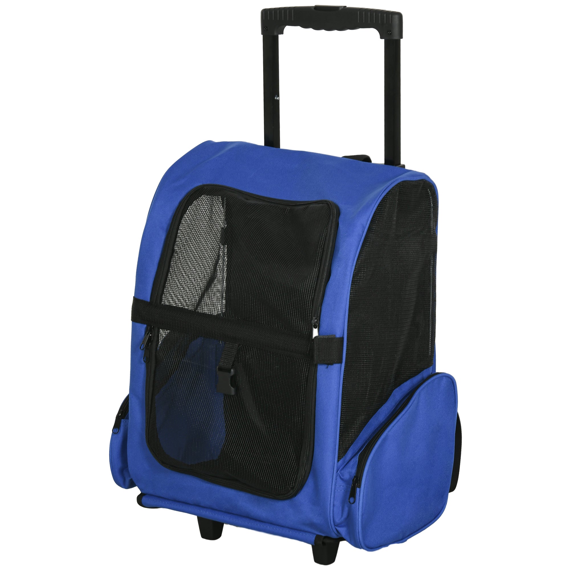 PawHut Pet Travel Backpack Bag Cat Puppy Dog Carrier w/ Trolley and Telescopic Handle Portable Stroller Wheel Luggage Bag (Blue)