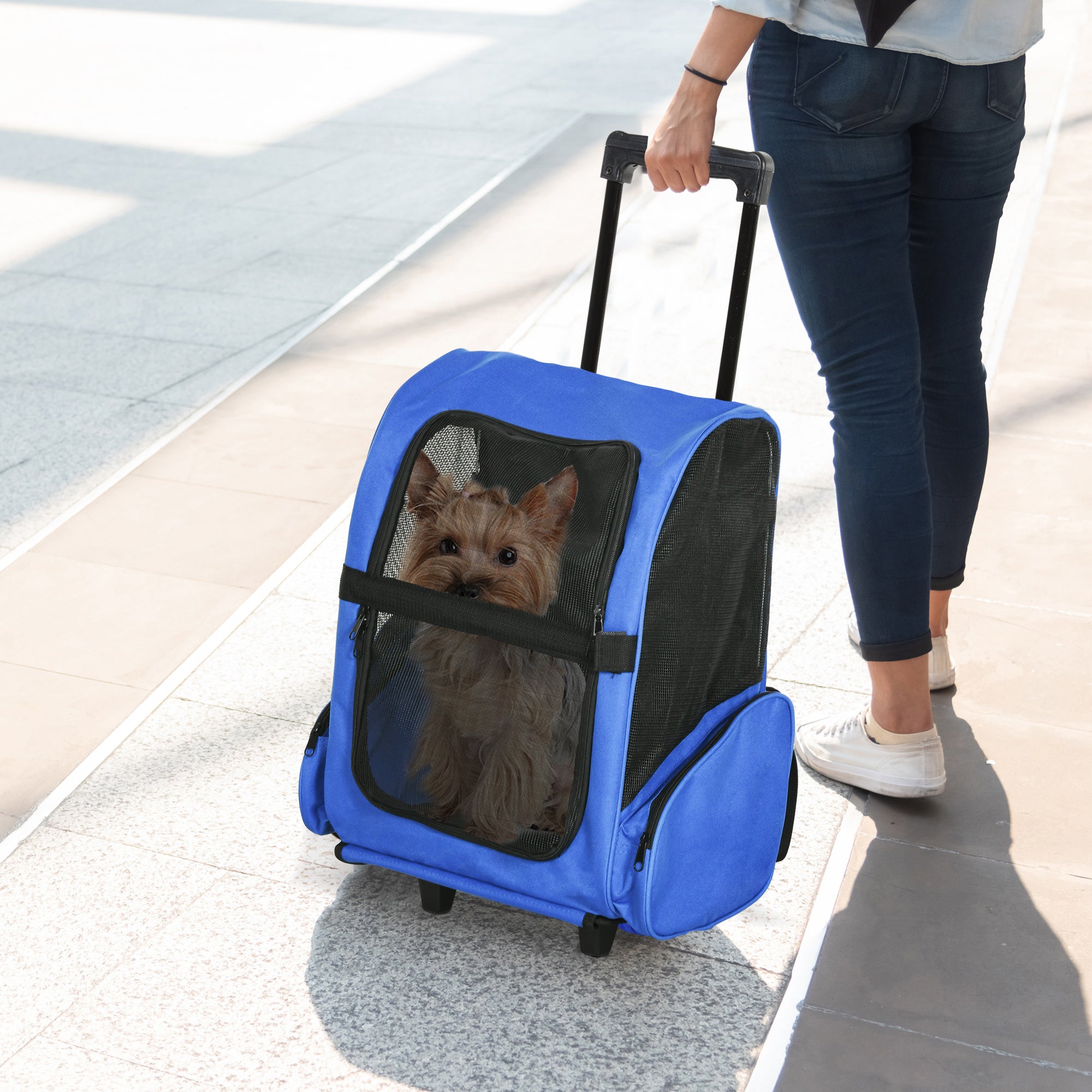 PawHut Pet Travel Backpack Bag Cat Puppy Dog Carrier w/ Trolley and Telescopic Handle Portable Stroller Wheel Luggage Bag (Blue)