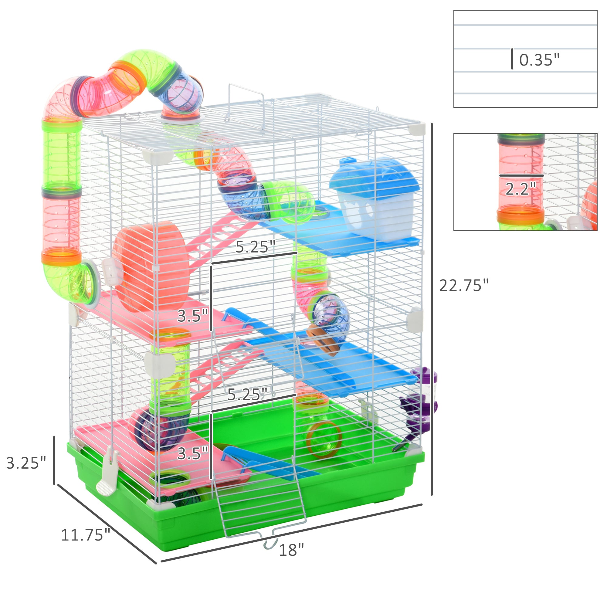 PawHut 5 Tiers Hamster Cage Portable Animal Travel Carrier Habitat with Exercise Wheels Play Tube Water Bottle Dishes House Ladder for Gerbils, Green