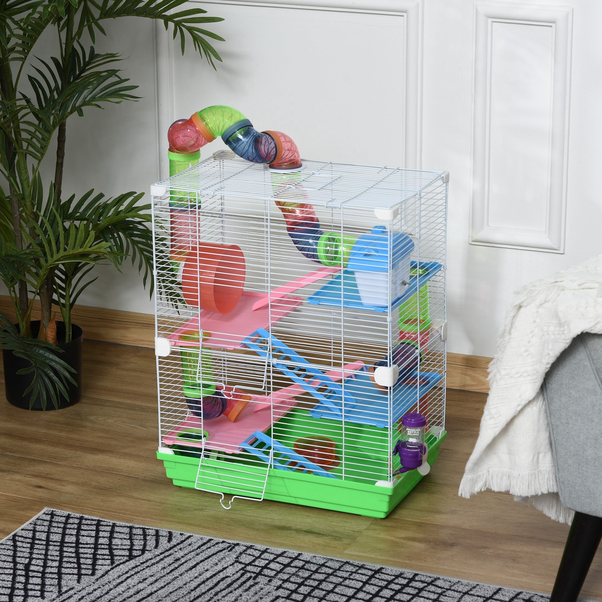 PawHut 5 Tiers Hamster Cage Portable Animal Travel Carrier Habitat with Exercise Wheels Play Tube Water Bottle Dishes House Ladder for Gerbils, Green