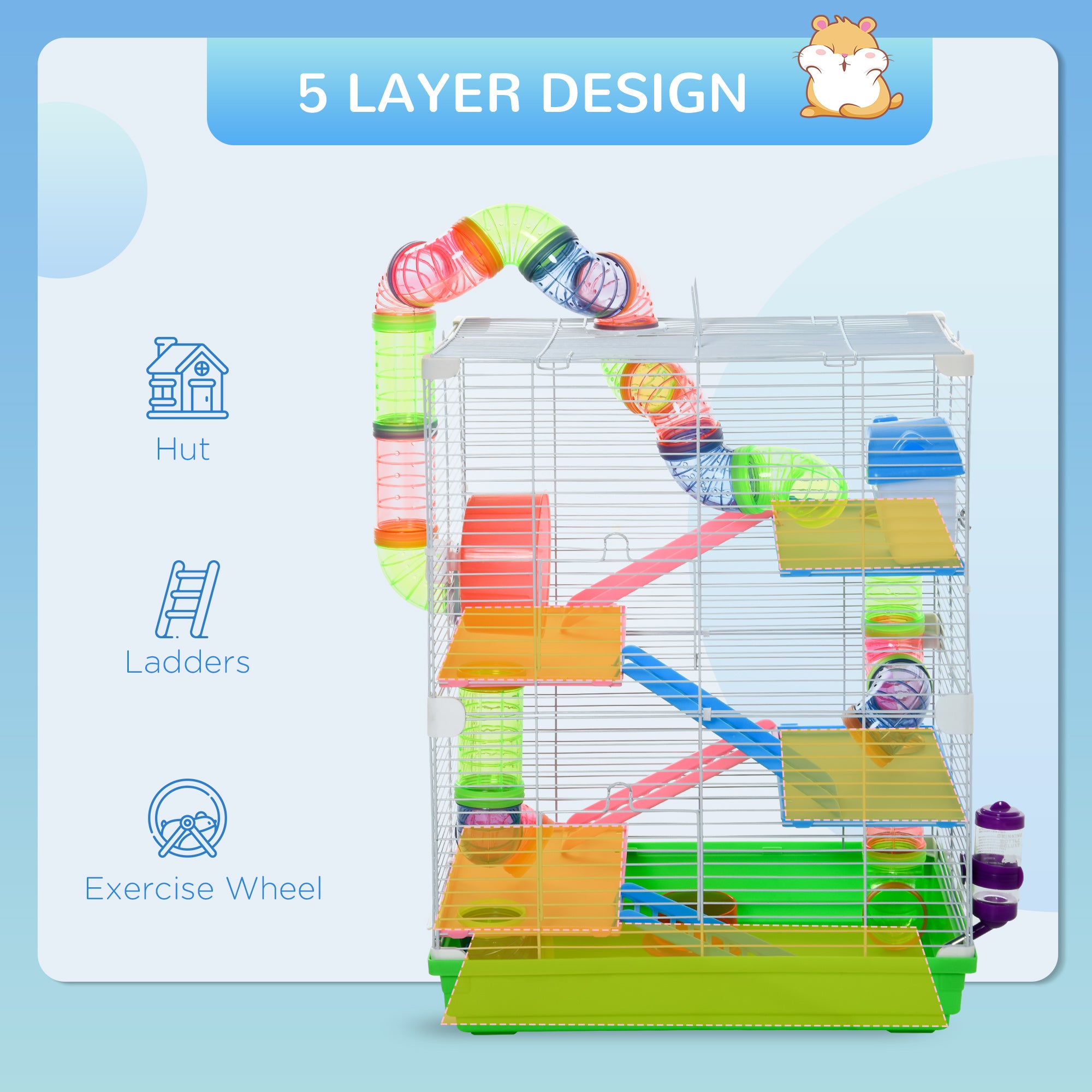 PawHut 5 Tiers Hamster Cage Portable Animal Travel Carrier Habitat with Exercise Wheels Play Tube Water Bottle Dishes House Ladder for Gerbils, Green