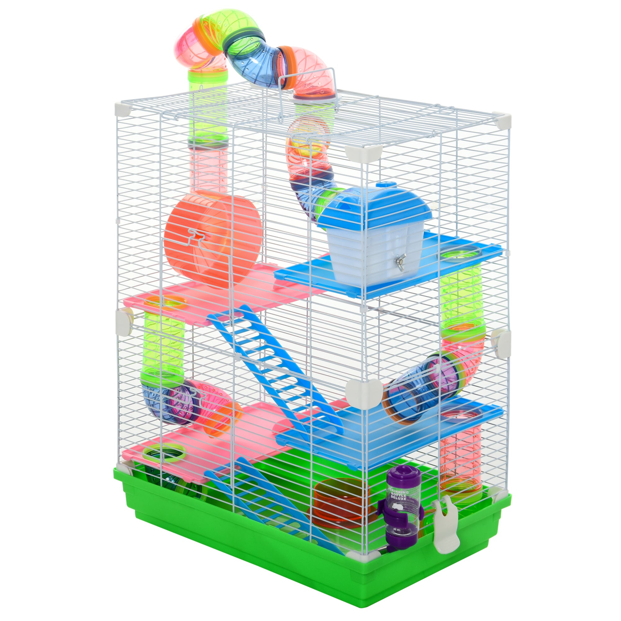 PawHut 5 Tiers Hamster Cage Portable Animal Travel Carrier Habitat with Exercise Wheels Play Tube Water Bottle Dishes House Ladder for Gerbils, Green