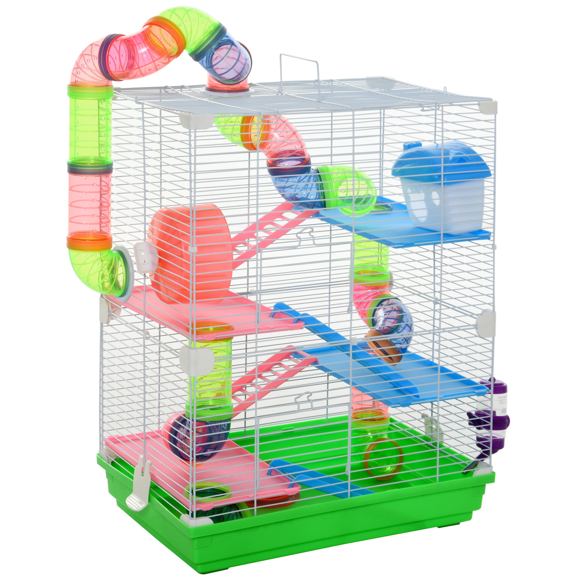 PawHut 5 Tiers Hamster Cage Portable Animal Travel Carrier Habitat with Exercise Wheels Play Tube Water Bottle Dishes House Ladder for Gerbils, Green