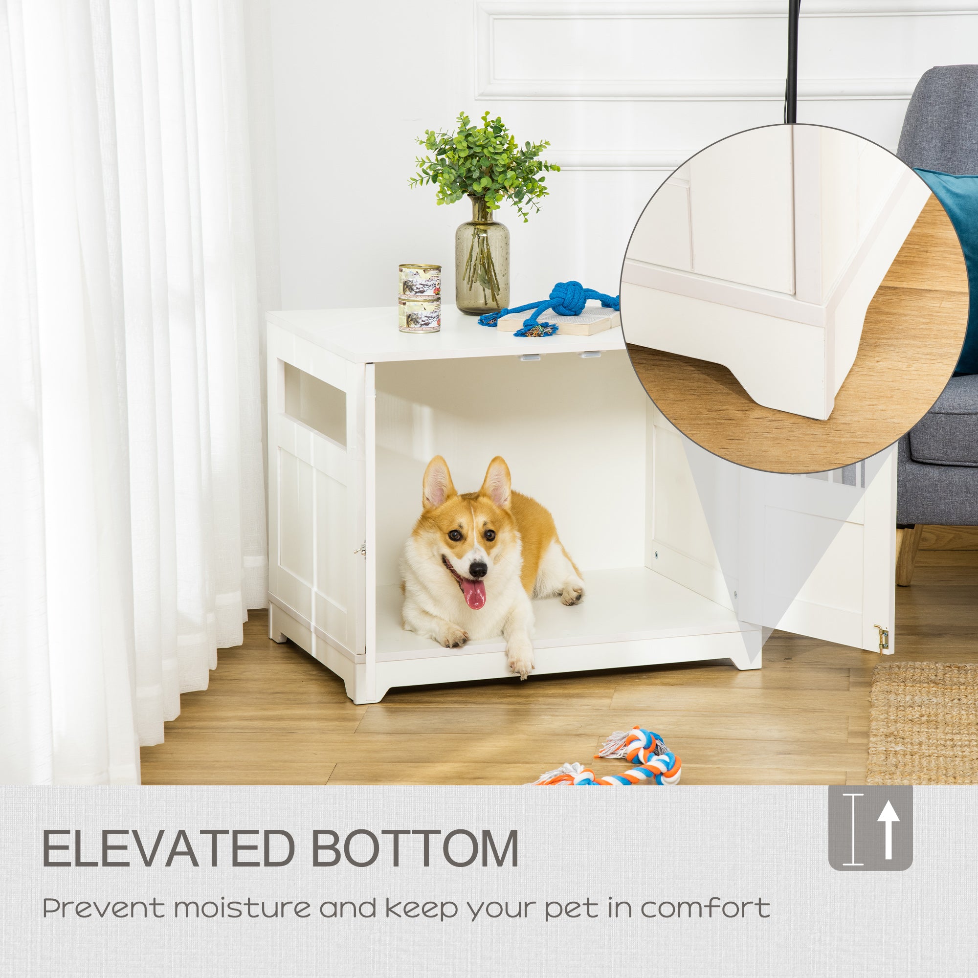 PawHut 29.5" Wooden Dog Cage with Windows, End Table Furniture Style, Modern Pet Kennel with Lockable Doors Elevated Base for Small and Medium-sized Dogs, White