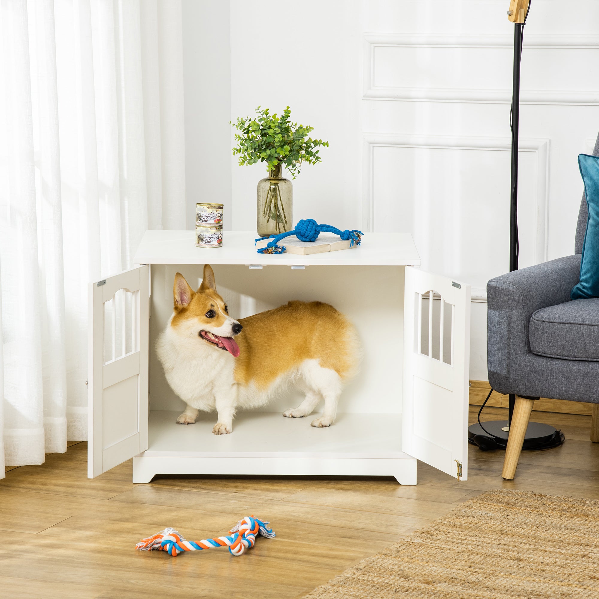 PawHut 29.5" Wooden Dog Cage with Windows, End Table Furniture Style, Modern Pet Kennel with Lockable Doors Elevated Base for Small and Medium-sized Dogs, White