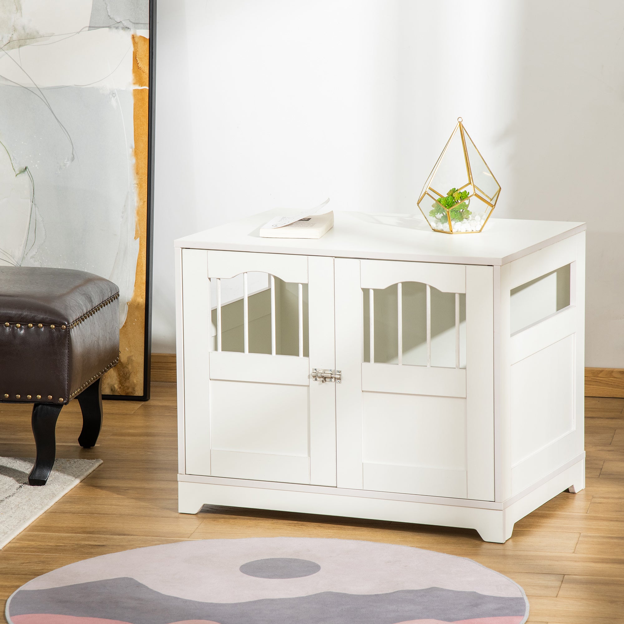 PawHut 29.5" Wooden Dog Cage with Windows, End Table Furniture Style, Modern Pet Kennel with Lockable Doors Elevated Base for Small and Medium-sized Dogs, White