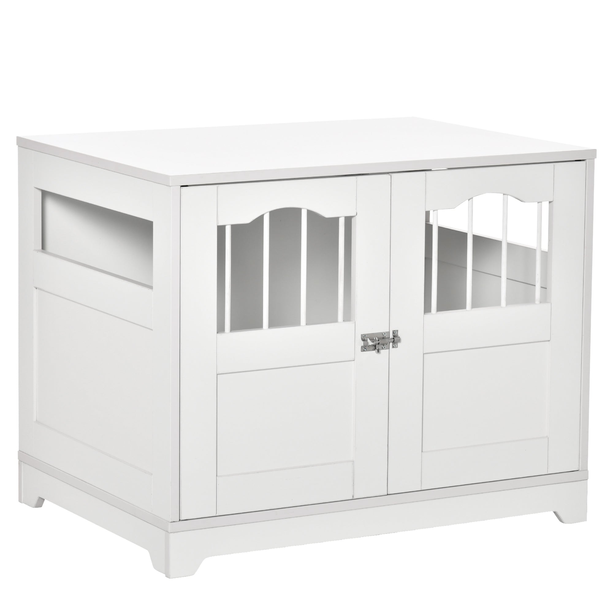 PawHut 29.5" Wooden Dog Cage with Windows, End Table Furniture Style, Modern Pet Kennel with Lockable Doors Elevated Base for Small and Medium-sized Dogs, White